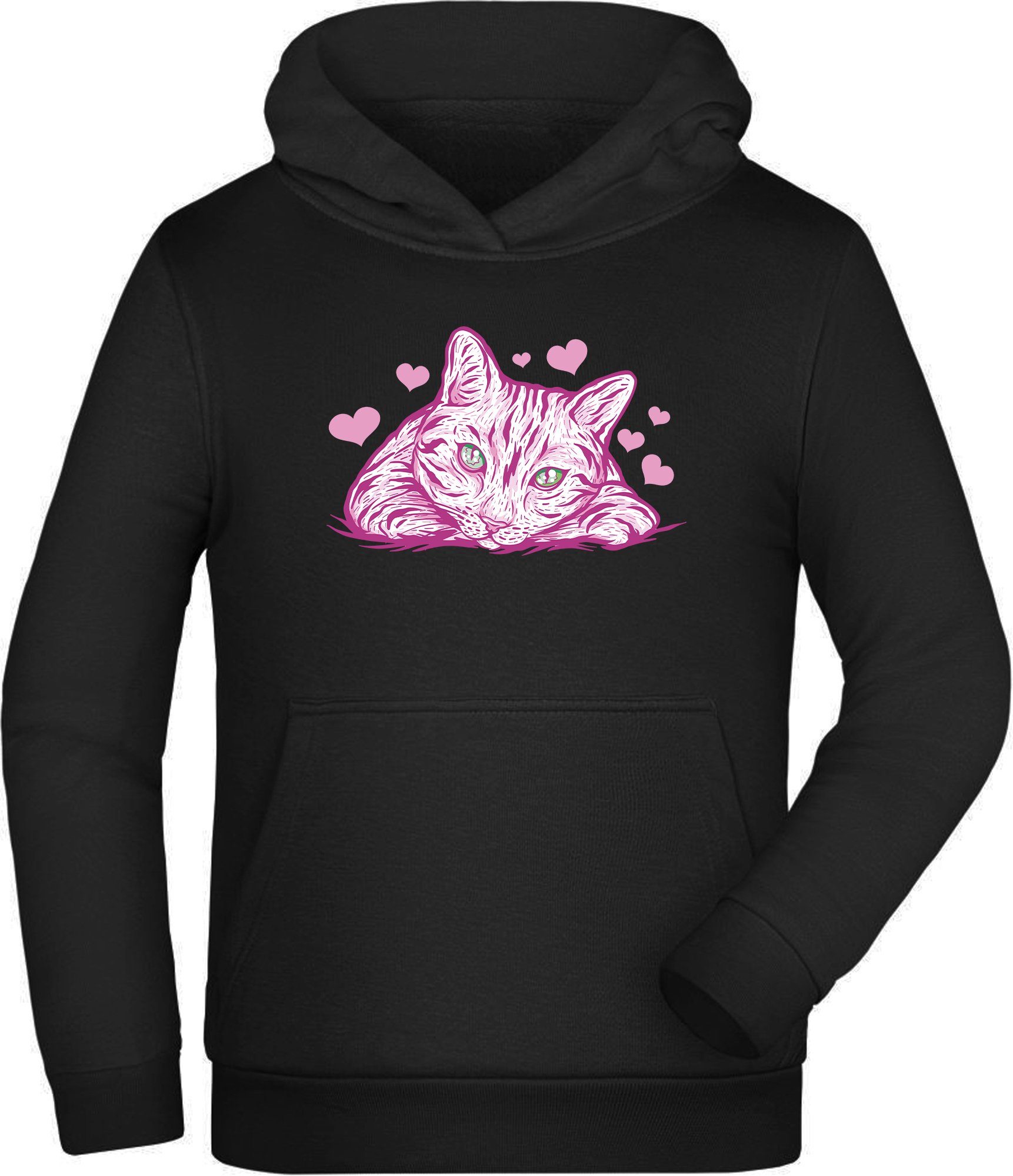 MyDesign24 Hoodie Kinder Kapuzen Sweatshirt - Katzen Hoodie mit rosa Herzen Kapuzensweater mit Aufdruck, i122