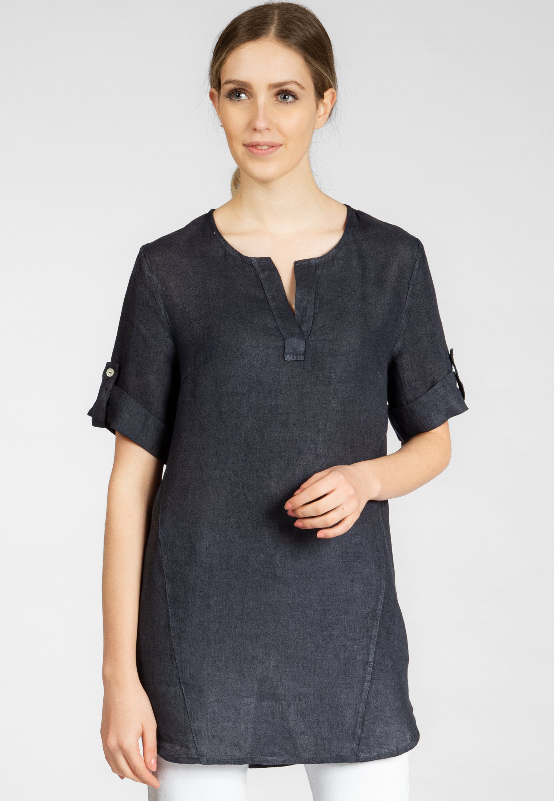 Caspar Longbluse BLU023 lange elegante Damen Halbarm Sommer Leinenbluse dunkelblau