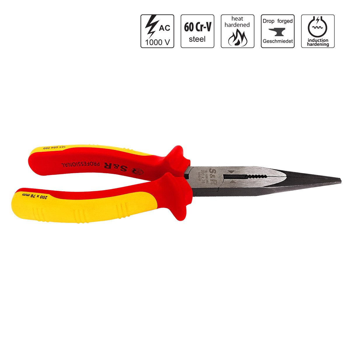 S&R Flachzange VDE Flachrundzange 200 mm, gerade Spitzzange, 60 CrV, hitze- und induktionsgehärtet für professionellen Einsatz, HRC 66 – Bild 2 von 5