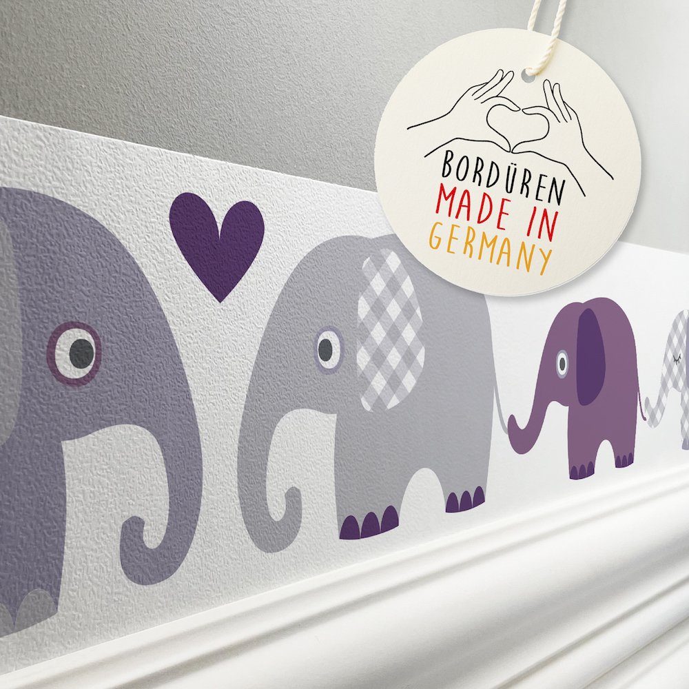 lovely label Bordüre Elefanten aubergine/grau - Wanddeko Kinderzimmer, selbstklebend
