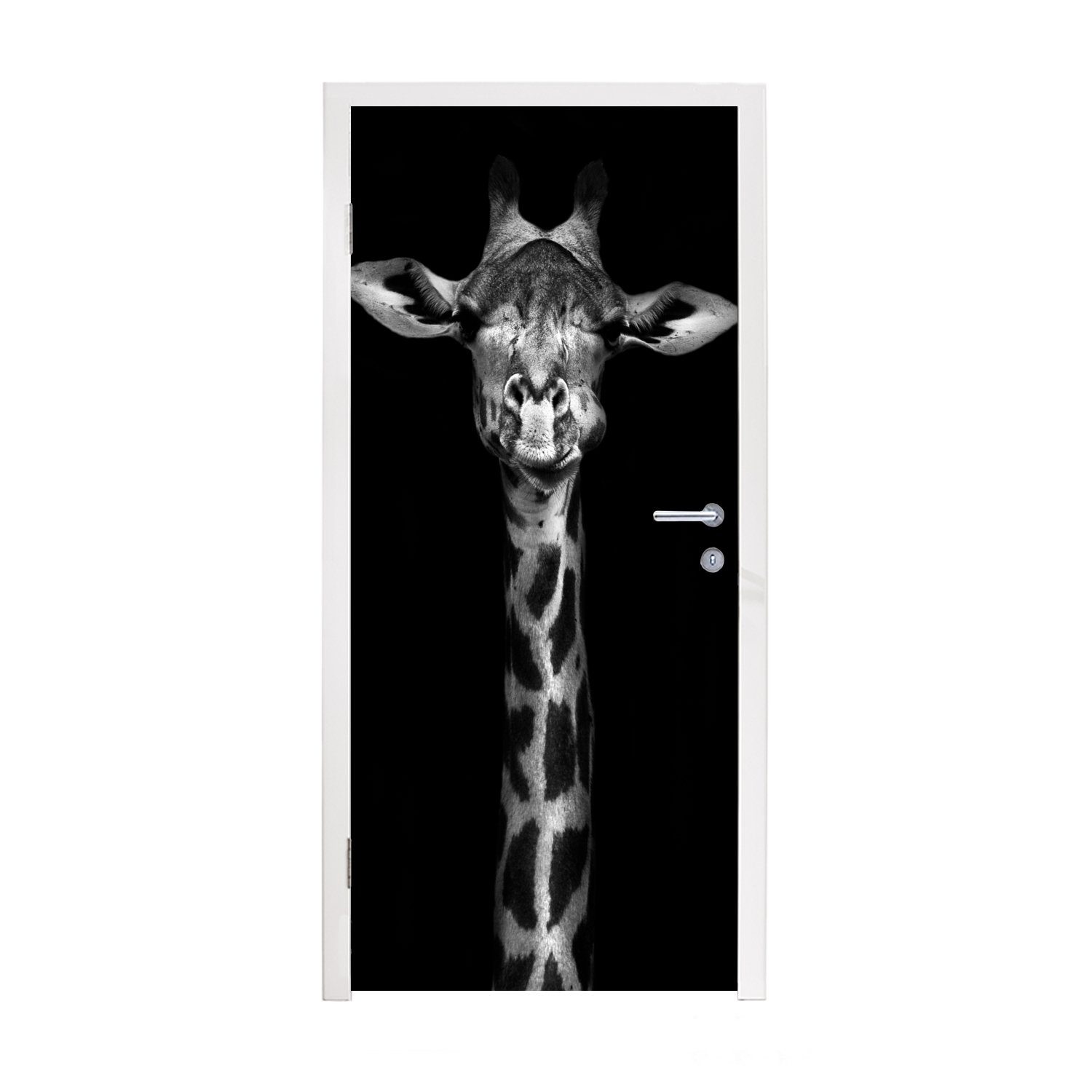 MuchoWow Türtapete Giraffe - Porträt - Tiere - Schwarz - Weiß, Matt, bedruckt, (1 St), Selbstklebende Tapete, Folie für Möbel, 75x205 cm