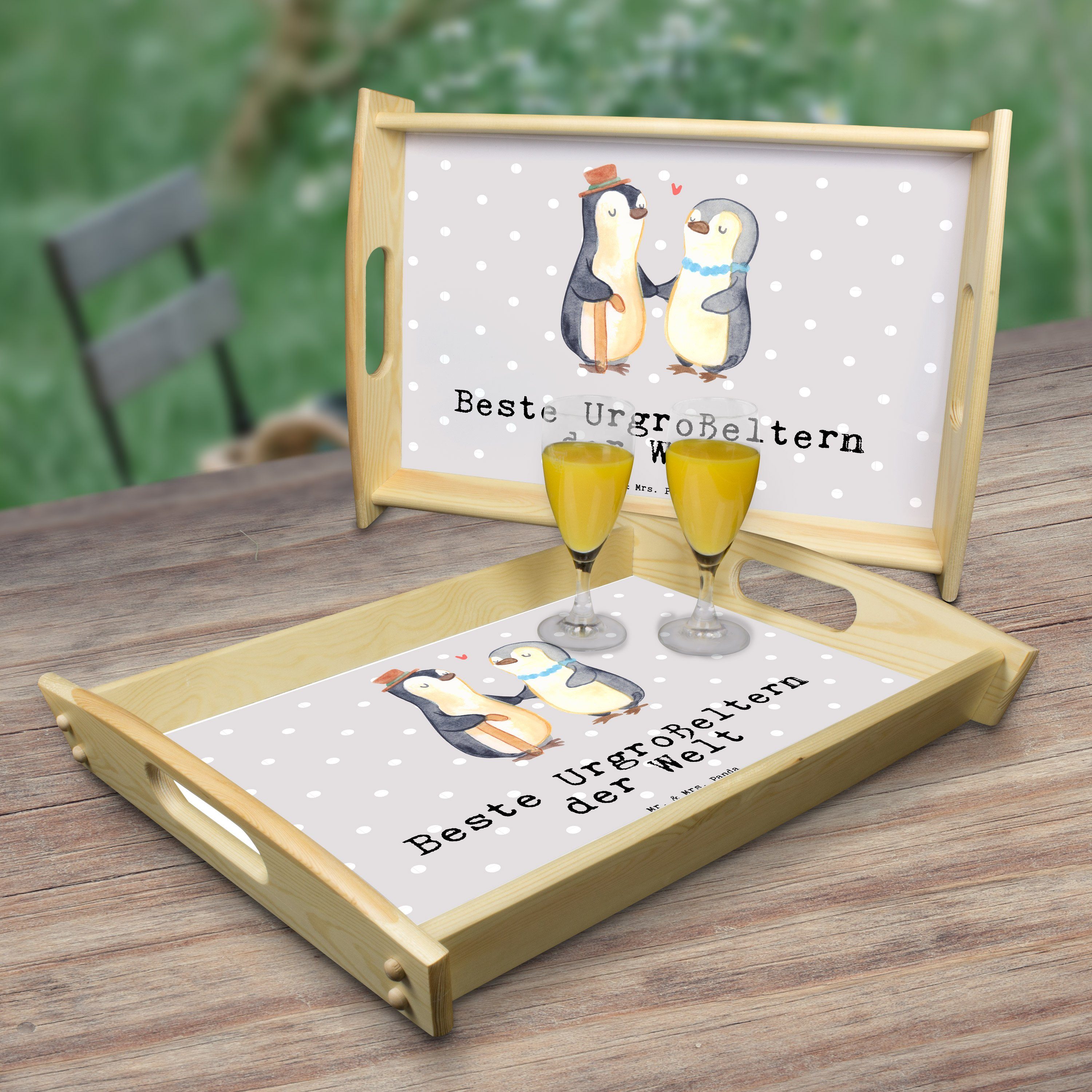 Mr. & Mrs. Panda Tablett (1-tlg) Echtholz - Pinguin lasiert, Grau Bedank, Urgroßeltern Geschenk, Beste - der Pastell Welt