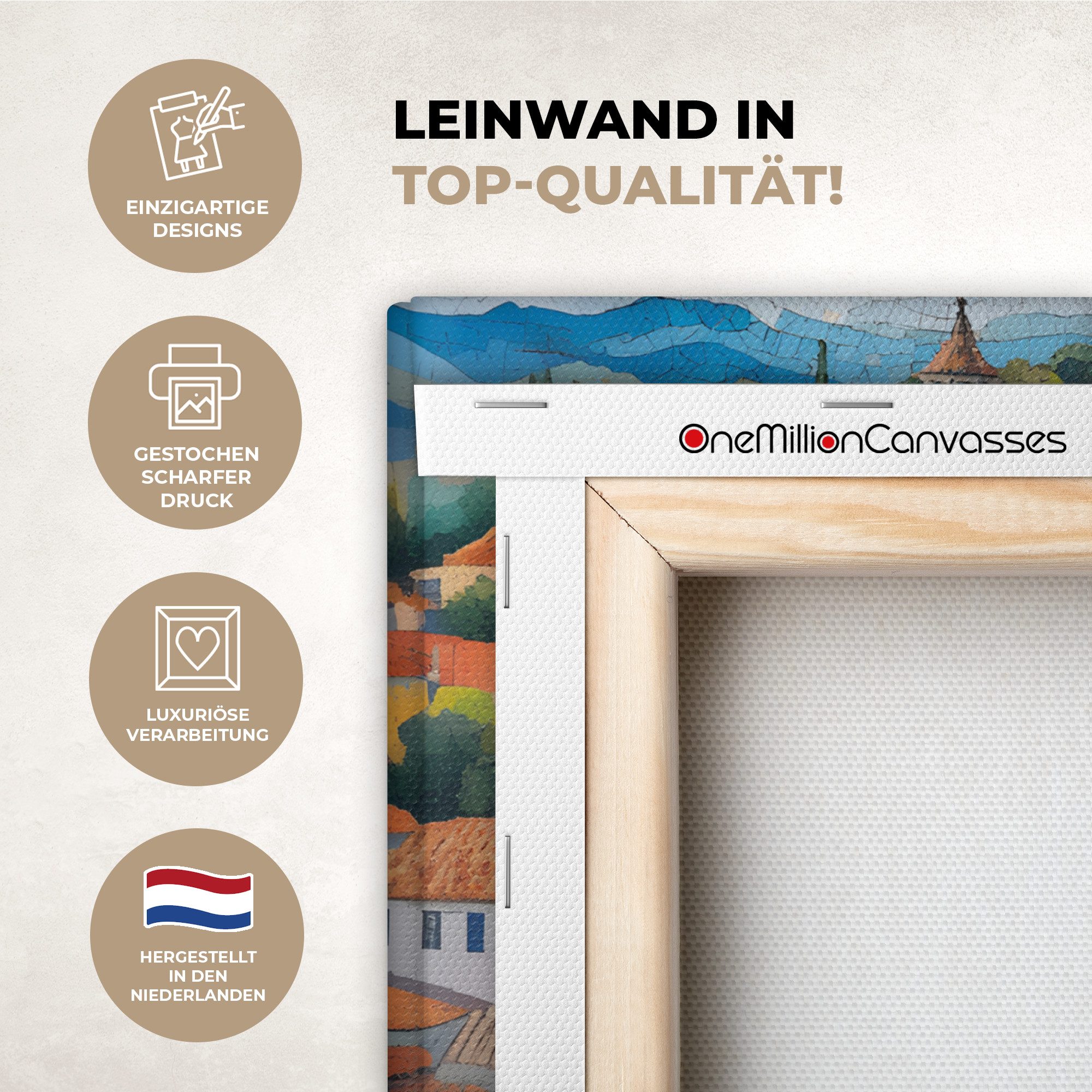 OneMillionCanvasses® Leinwandbild Dorf - Hügel - Landschaft - Bäume, Fotodruck (1 St), Wandbild, Deko Schlafzimmer Wohnzimmer Flur 20x20 cm