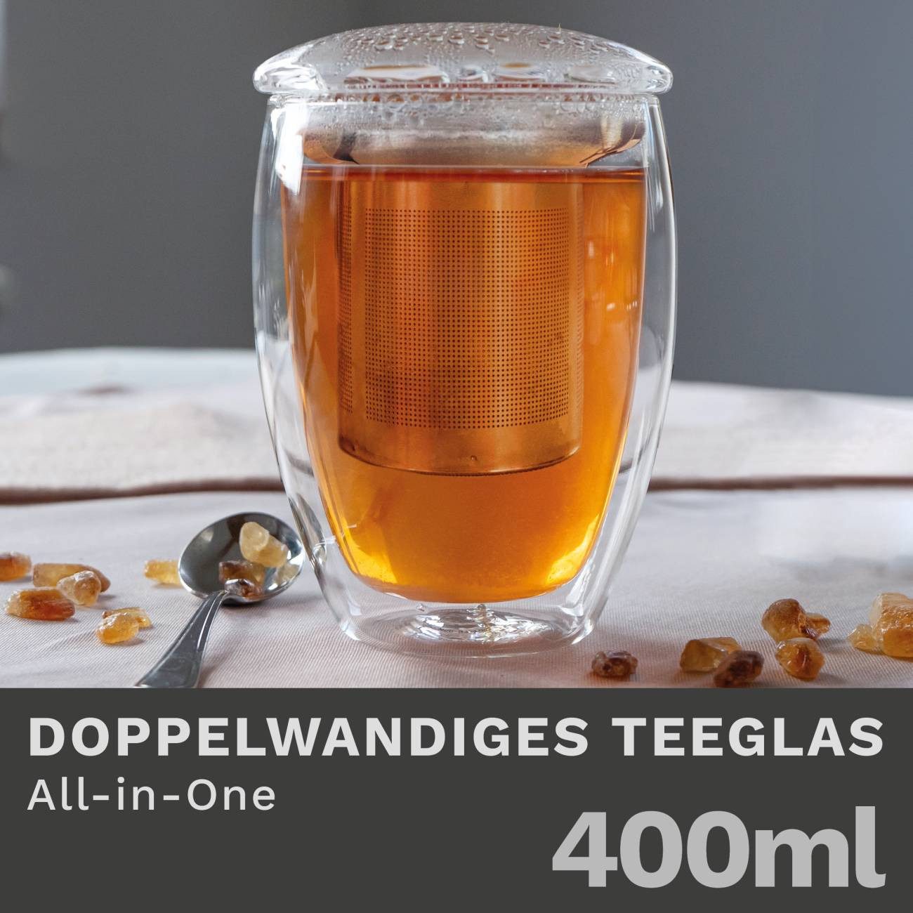 Creano Teeglas Doppelwandiges Teeglas mit Filter und Deckel, 400ml, Borosilikatglas, 3-teilig