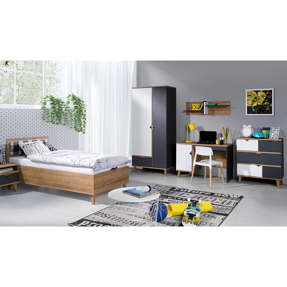Lomadox Jugendzimmer-Set MARIBOR-132, (Sparset, 6-tlg), Bett Kleiderschrank Nachtschrank Schreibtisch Schrank Eiche weiß grau