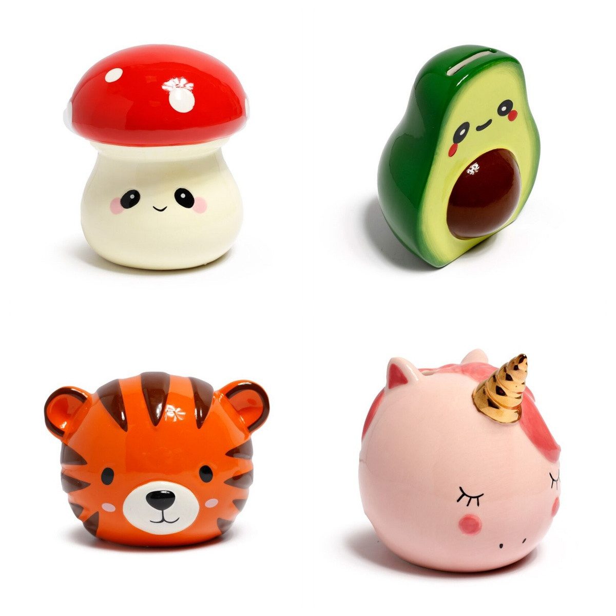 Puckator Spardose Einhorn Tiger Avocado Pilz, (Spartopf, 1-tlg., Keramik), Sparschwein
