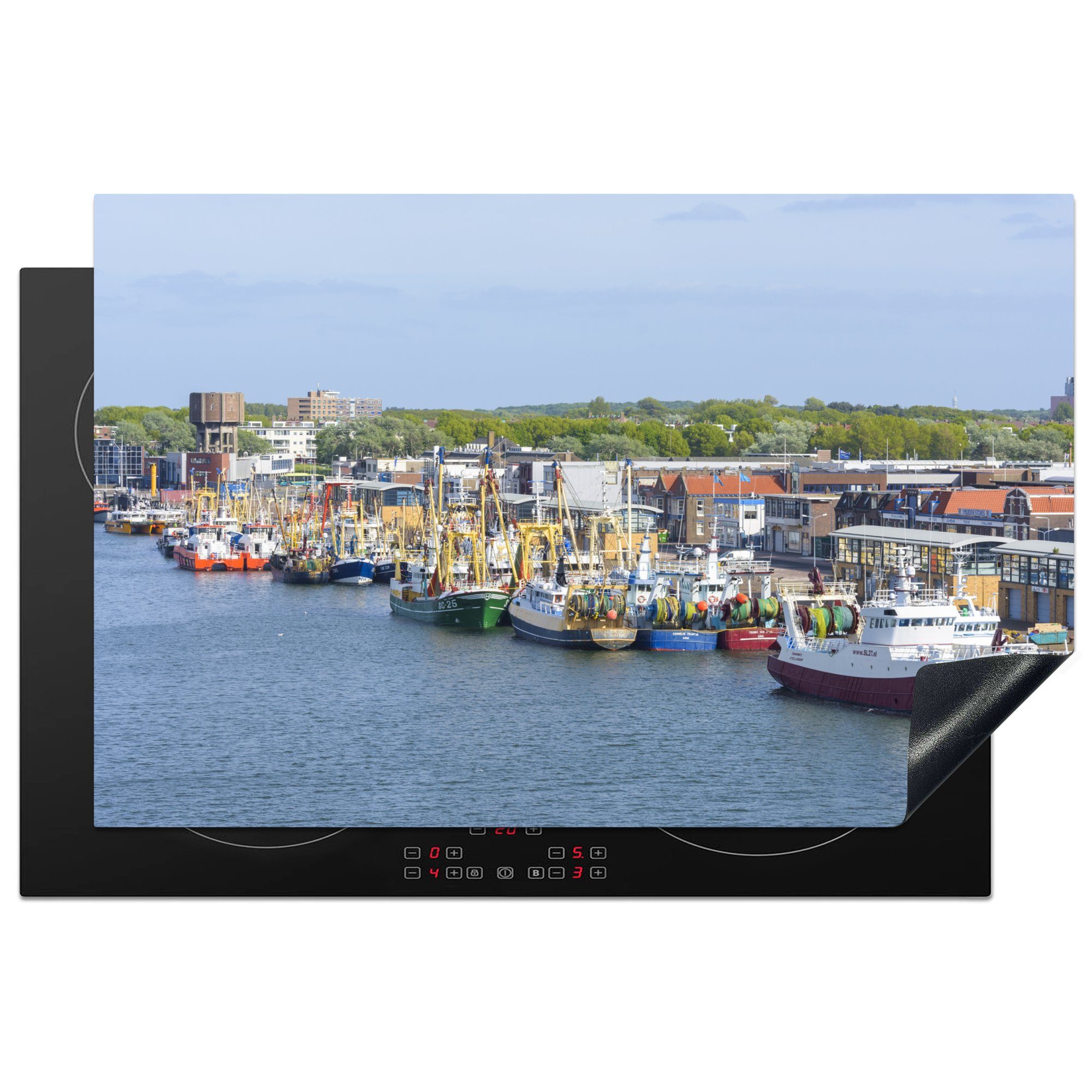 cm, (1 tlg), von Hafen Schutz für IJmuiden, küche, 81x52 Herdblende-/Abdeckplatte die Vinyl, im Ceranfeldabdeckung Induktionskochfeld MuchoWow Fischerboote