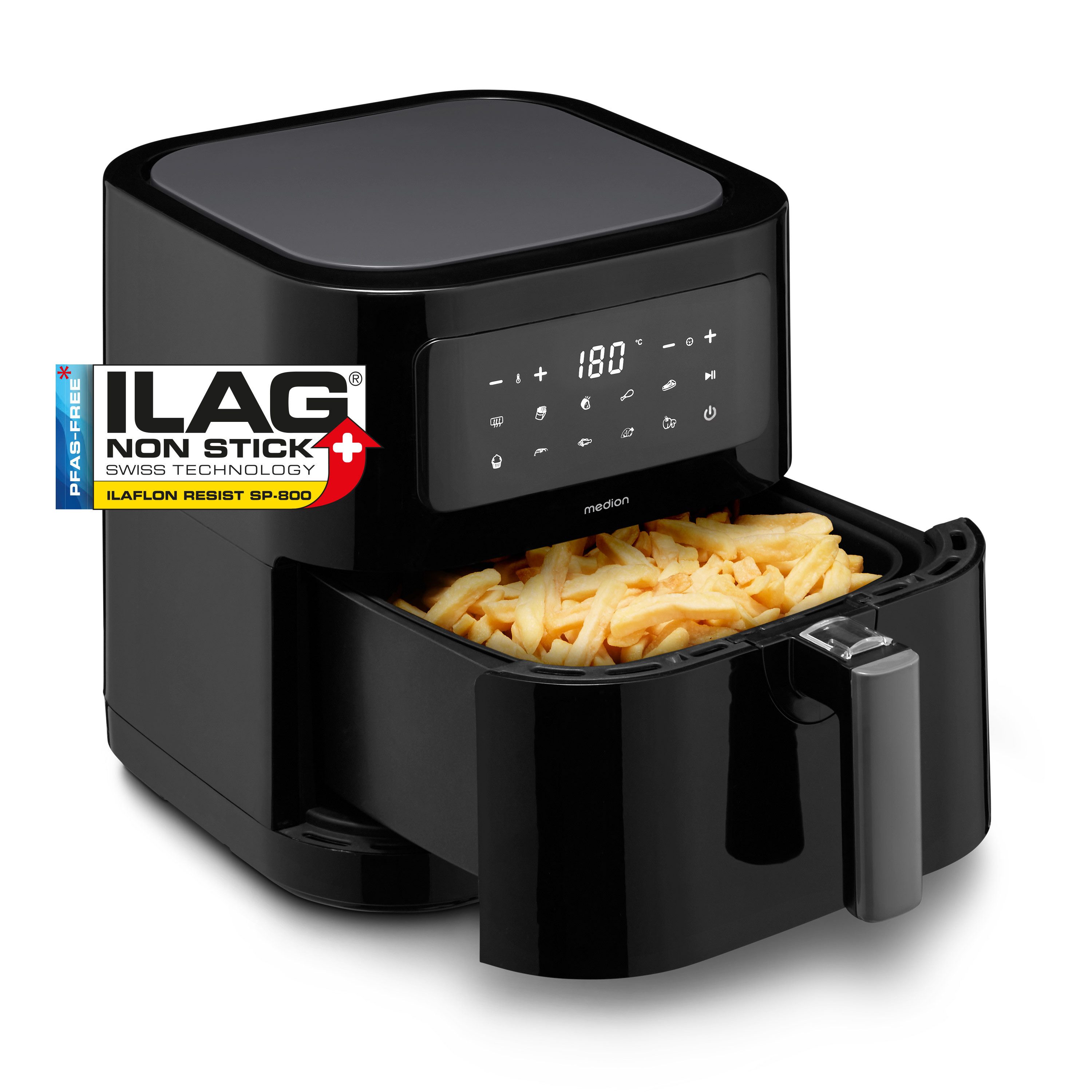 Medion® Heißluftfritteuse MD 11740 E40 XL, Nutzinhalt 5,2 L, Korb in Korb, 2000 W, digitales Bedienfeld, 9 Automatikprogramme