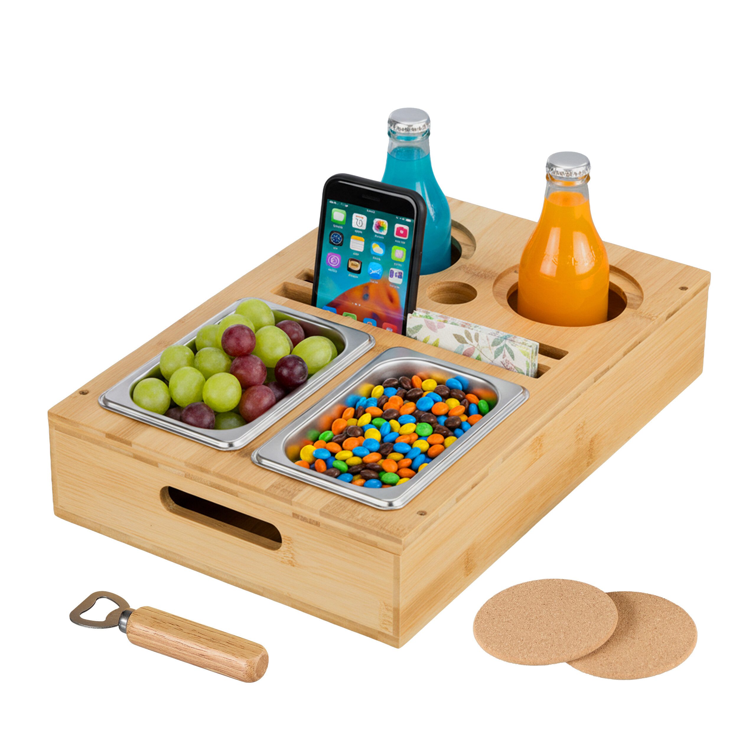 relaxdays Tabletttisch Couchbar mit Snackschalen (6-St), natur