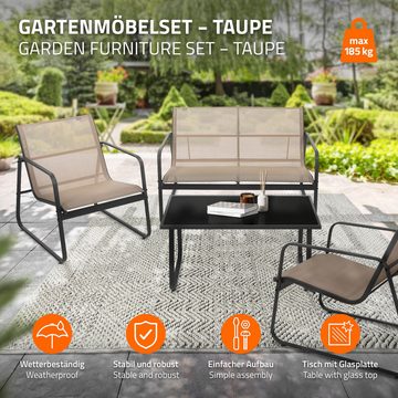 ML-DESIGN Gartenliege Balkonmöbel Set 4-tlg aus Stahl & Textilene für 4 Personen, 4 St., Garten Sitzgruppe Taupe mit Glastisch Sofa und 2 Sesseln wetterfest