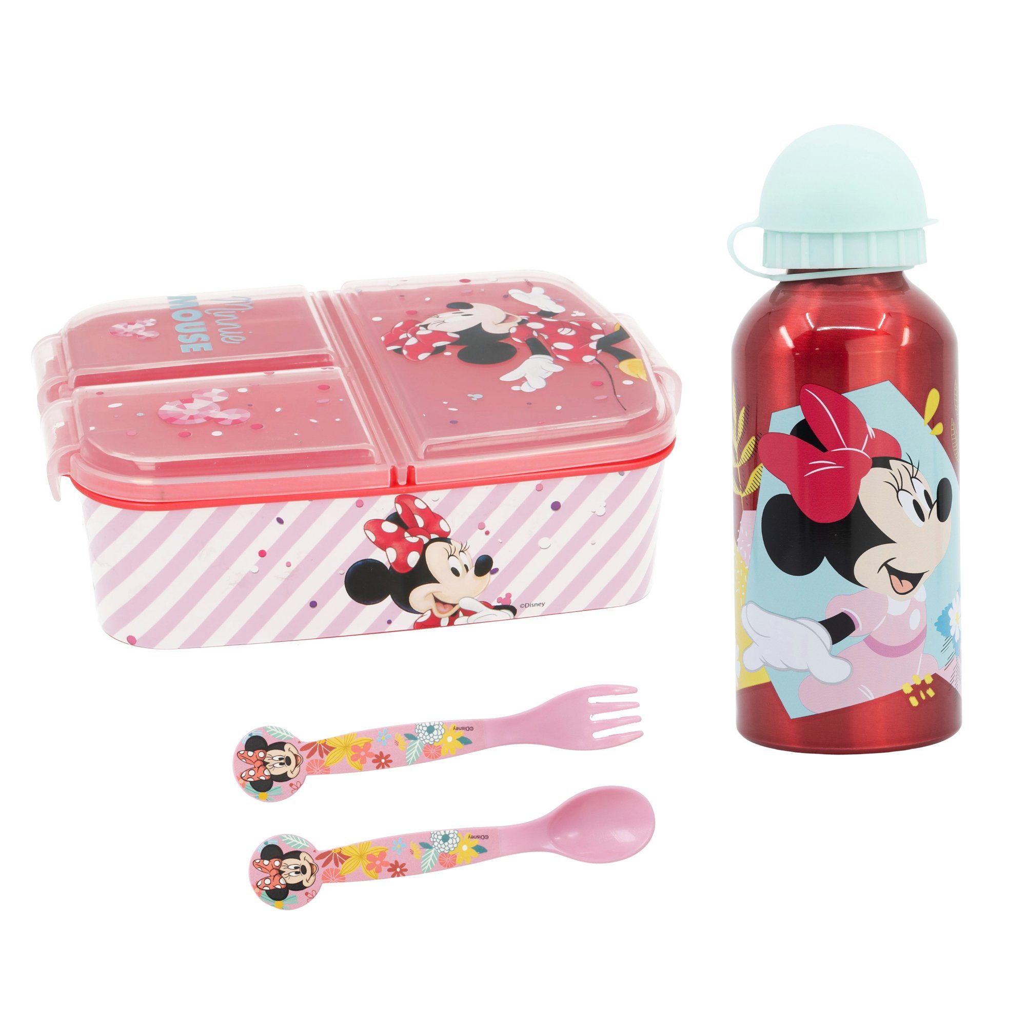 Disney Lunchbox Disney Minnie Maus 4 teiliges Lunch Set, Kunststoff Alu, (4-tlg), Brotdose Alu-Trinkflasche - Löffel Gabel