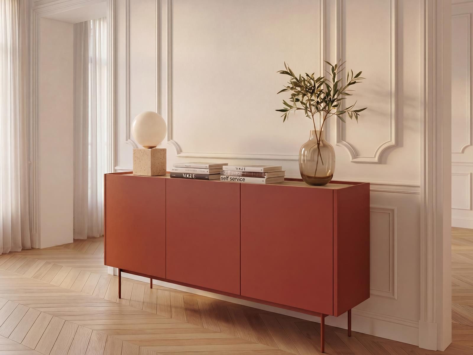 Compleo Kommode dreitürig, Tischplatte- Eiche Linea, Füße aus Metall (ZOTI), skandinavisches Design