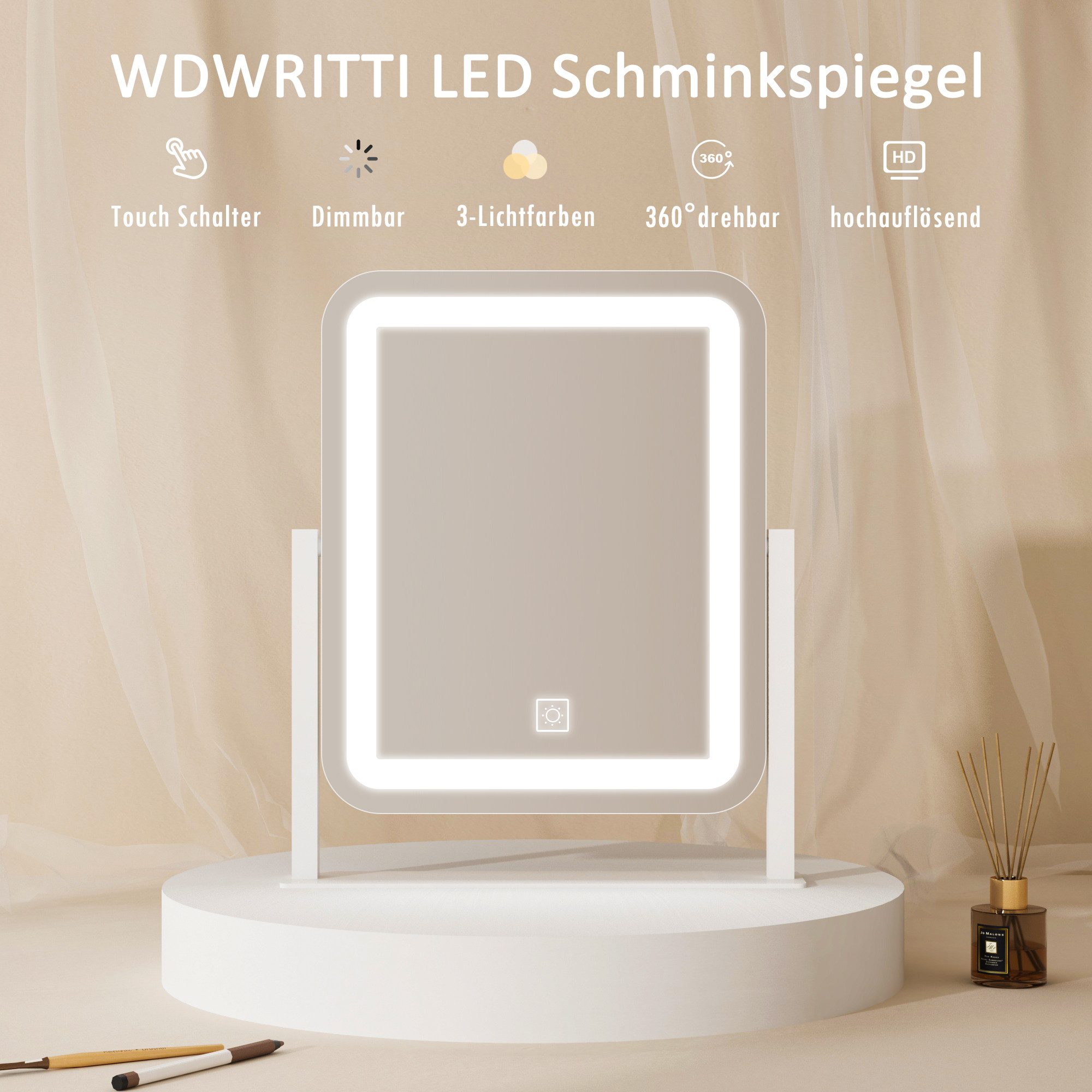 WDWRITTI Schminkspiegel Kosmetikspiegel LED Tisch mit Beleuchtung (Makeup Spiegel Rechteckig, 3Lichtfarben, Helligkeit dimmbar, Touch), 360° Drehbar, HD Umweltschutz Spiegel