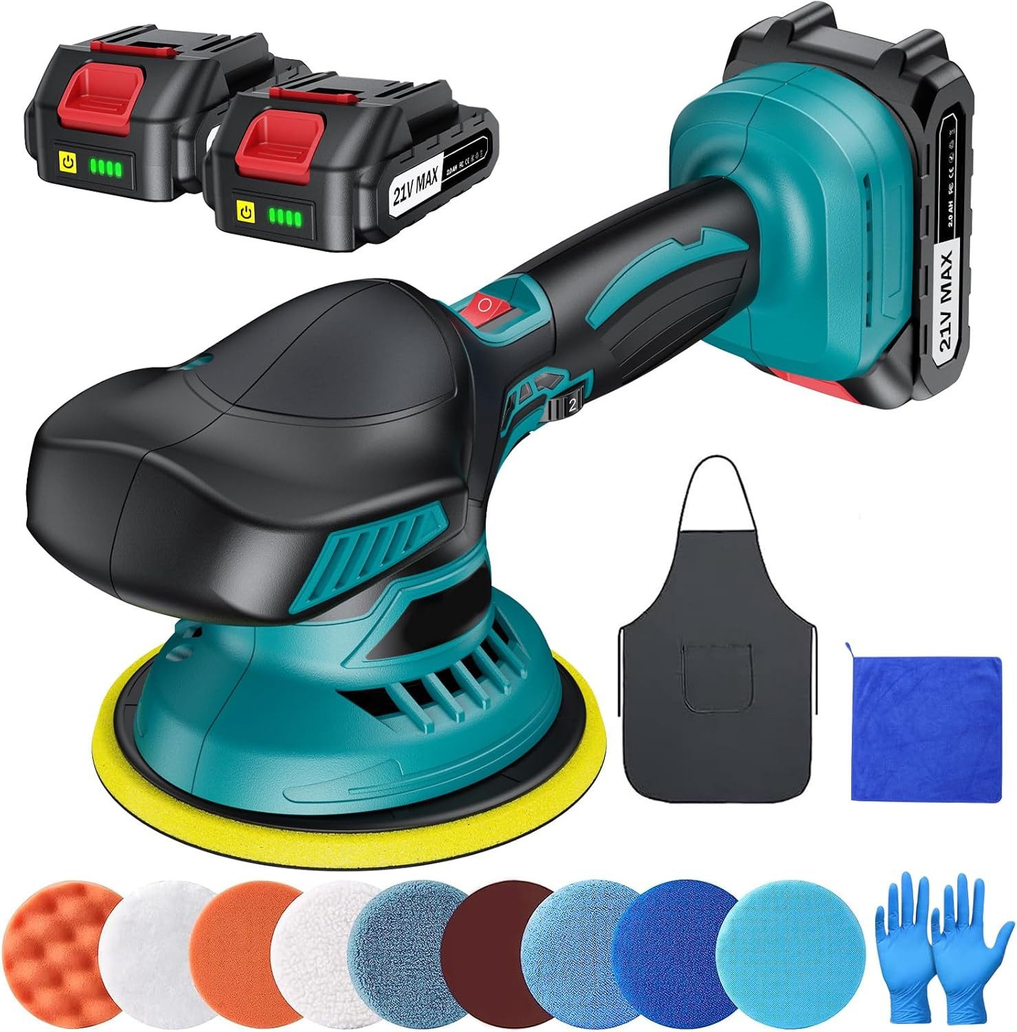 Athlix Akku-Poliermaschine Poliermaschine Kabellos mit 2 Akku, Polishing Schnurlos, 5500 max. U/min, 13 Aufsätze, 6 Geschwindigkeiten, 5.500 RPM