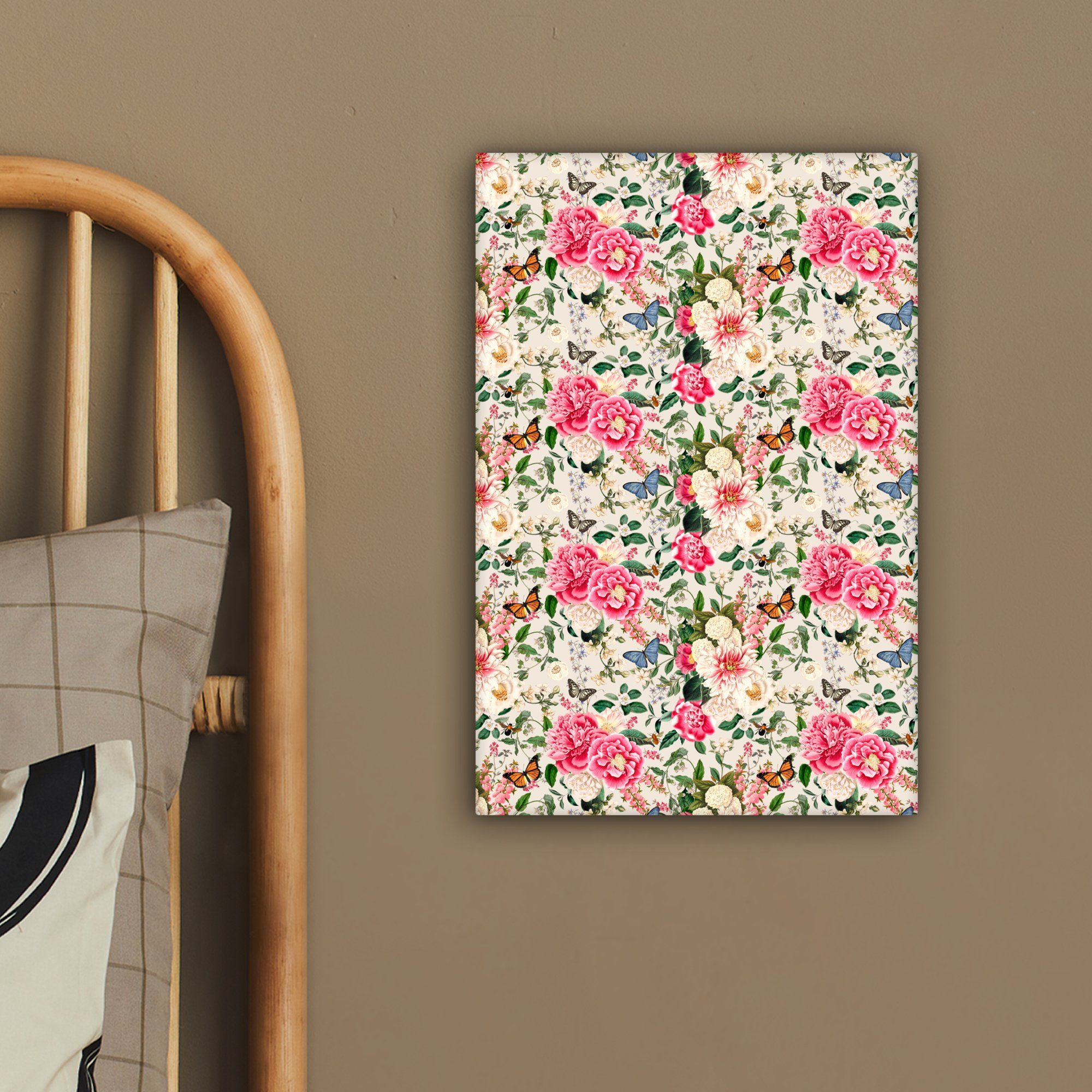 Leinwandbild 20x30 Pastell, Sommerblumen bespannt inkl. Schmetterling cm - Gemälde, Zackenaufhänger, fertig St), (1 - OneMillionCanvasses® Leinwandbild