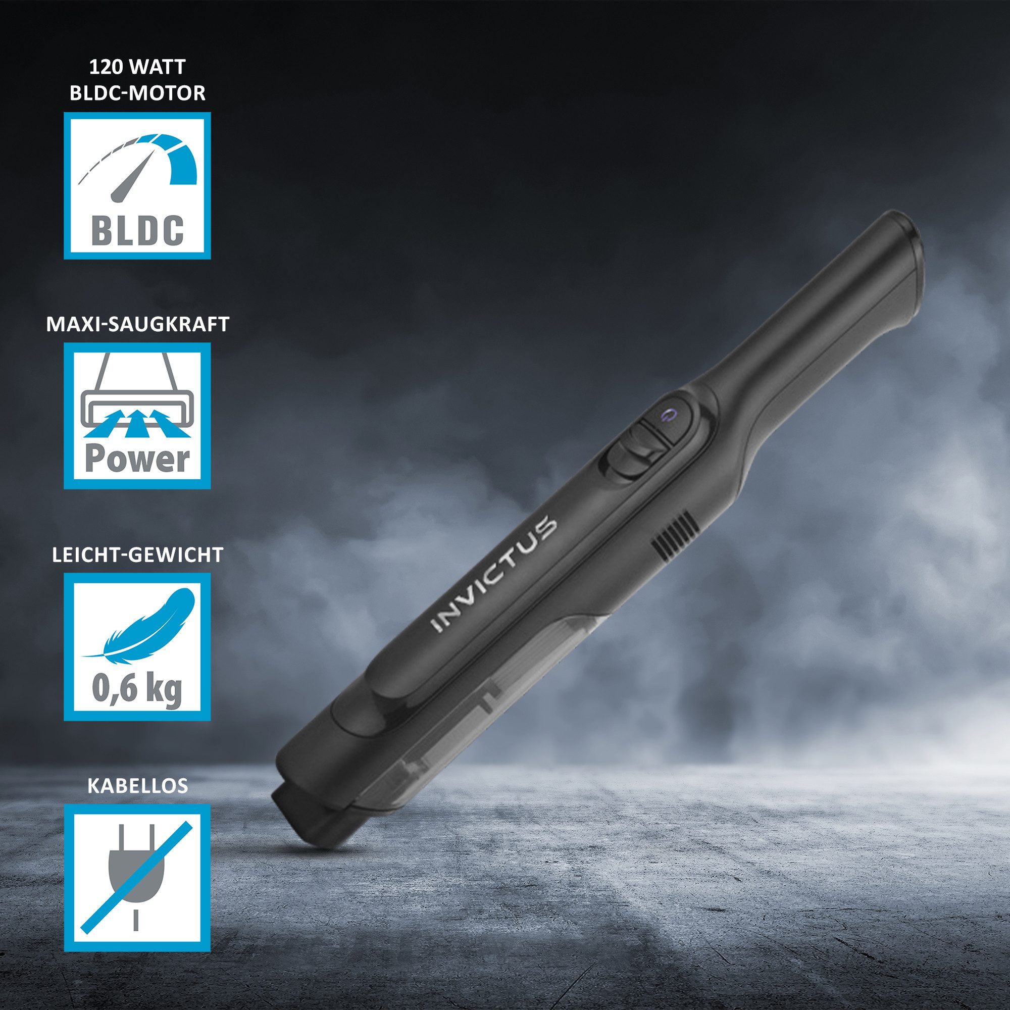 Genius Akku-Handstaubsauger INVICTUS ONE PRIMUS, Set 8-tlg., schwarz, 120,00 W, abnehmbarer Staub-Behälter mit 80 ml Fassungsvermögen, beutellos, kabellos, leicht, leise