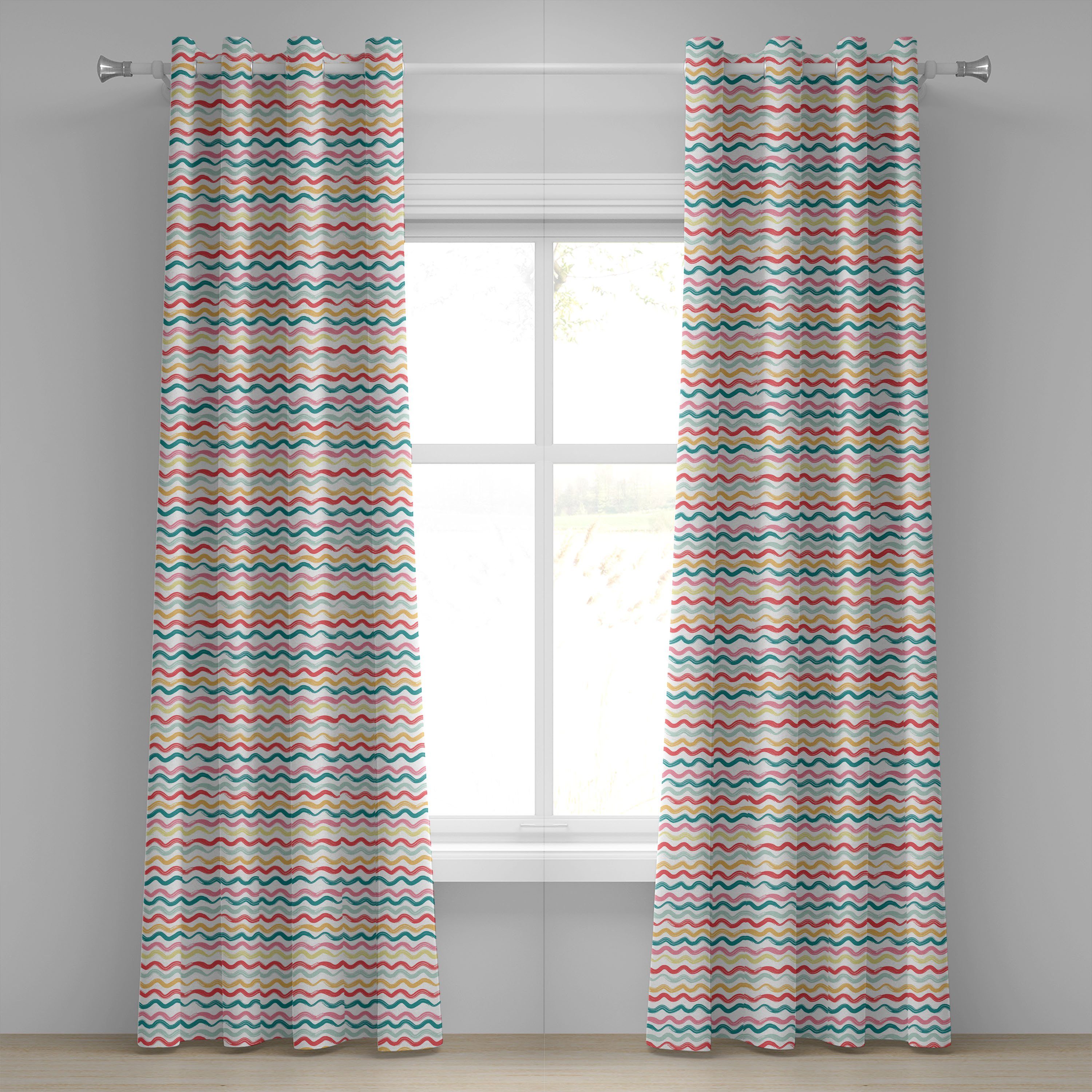 Gardine Dekorative 2-Panel-Fenstervorhänge für Schlafzimmer Wohnzimmer, Abakuhaus, Gestreift Boho Wellenförmige Linien Raue