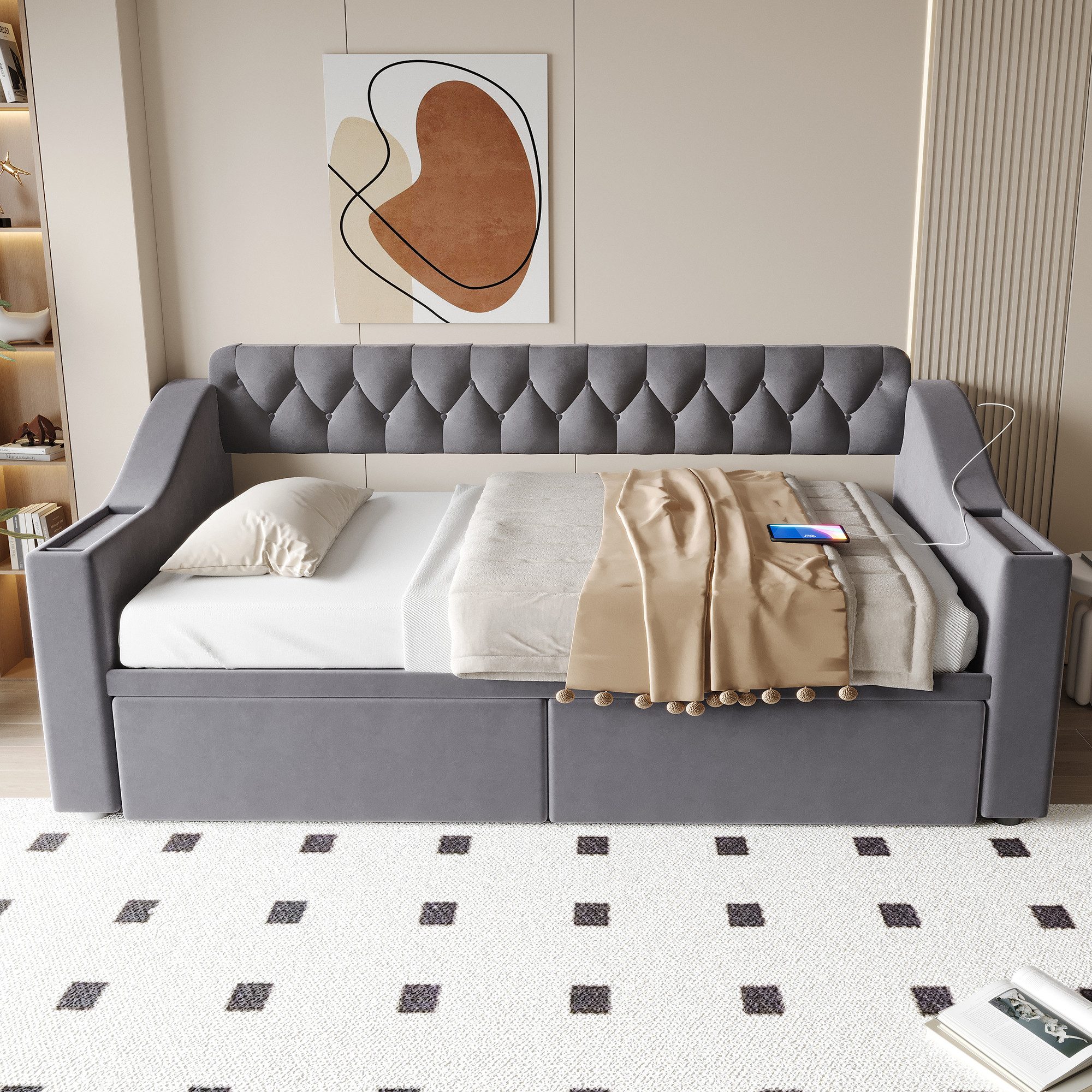 Odikalo Schlafsofa Schlafcouch 90x190 mit Lattenrost & USB Ohne Matratze, Polsterbett Schlafsofa, 90/180*190 cm, Breitere und Dickere Armlehnen mit USB-Ladeansc – Bild 3 von 5