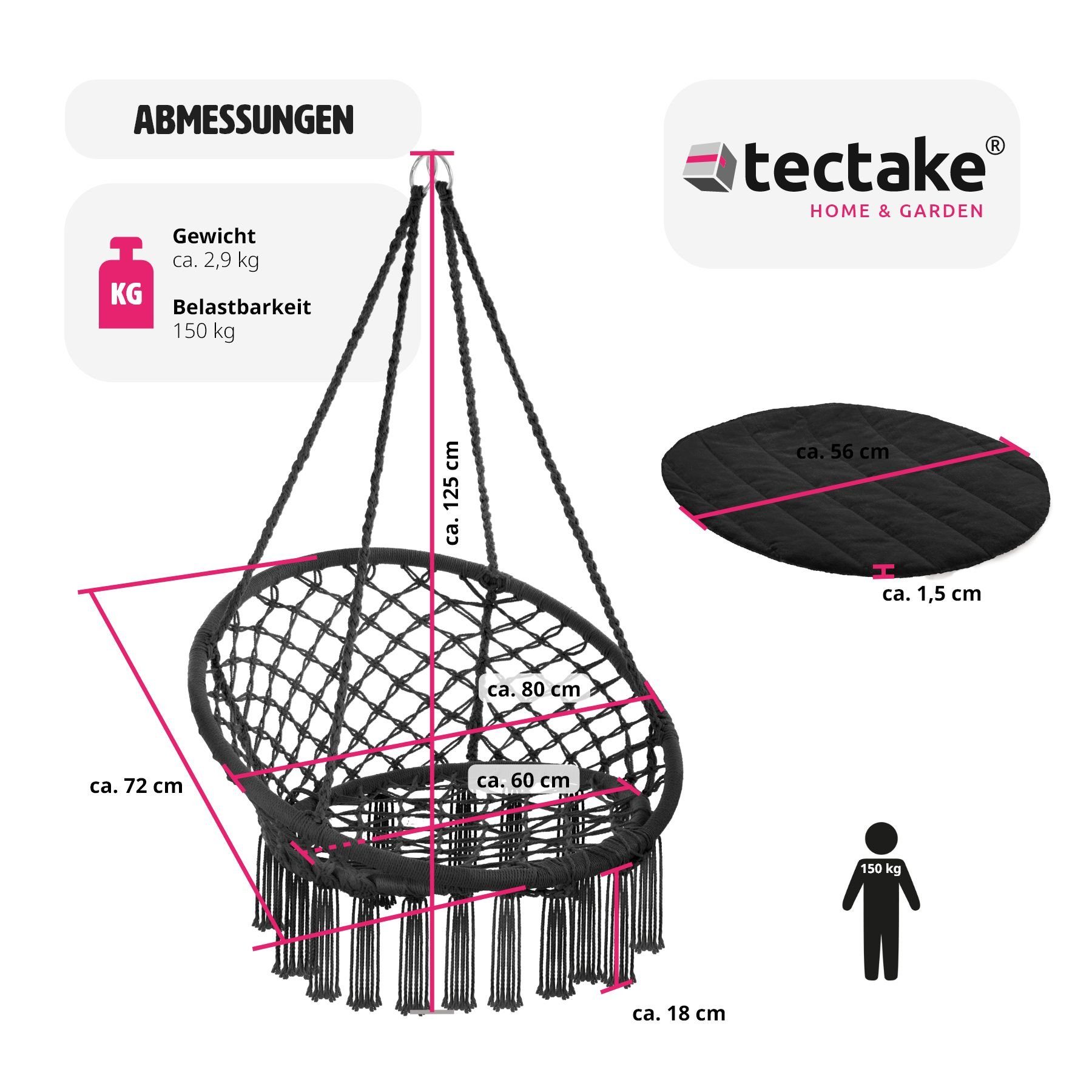 tectake schwarz schwarz Sitzkissen | Jane, Hängesessel abnehmbare