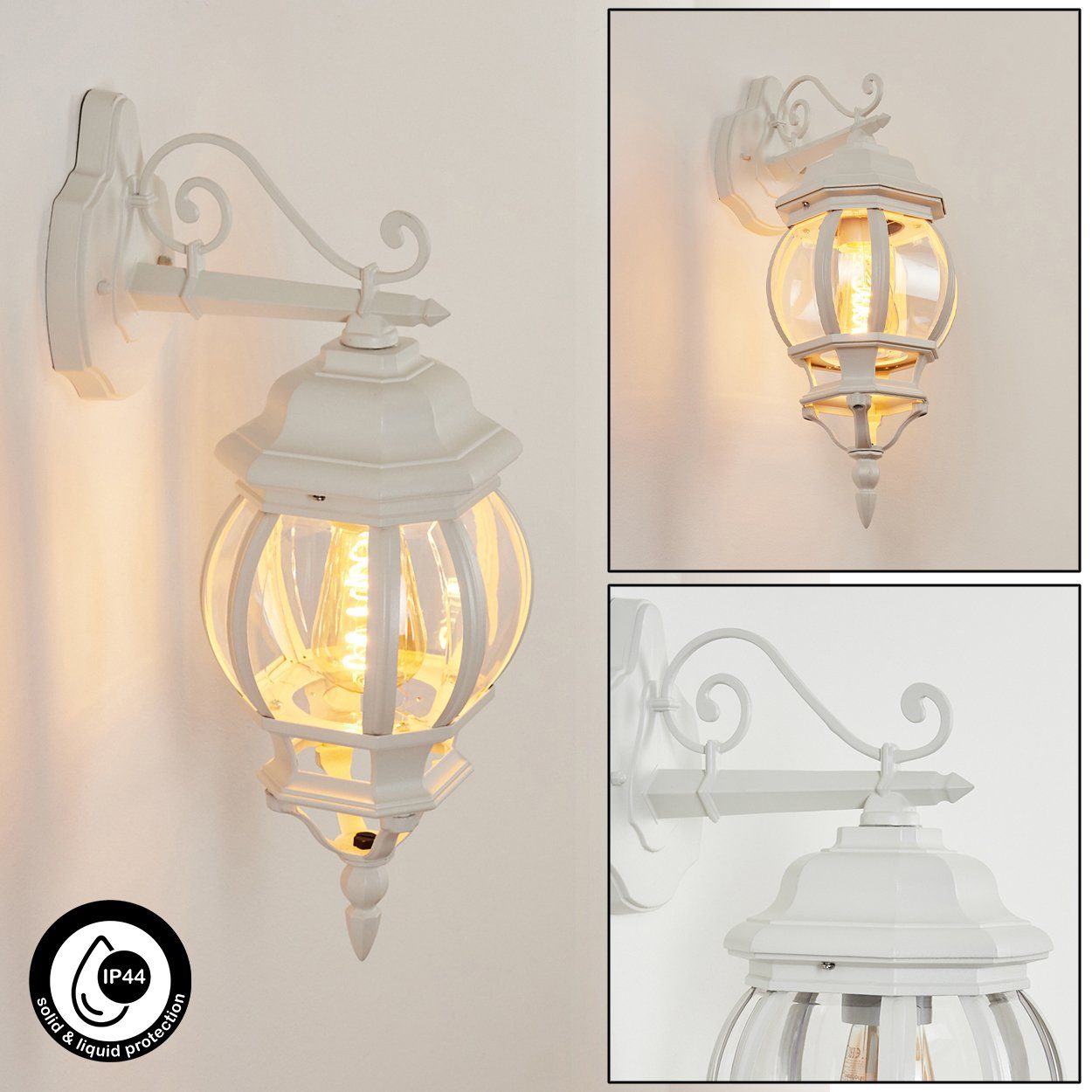 hofstein Außen-Wandleuchte »Meyen« Wandlampe abwärts in antikem Look aus Metall in Weiß/Klar, ohne Leuchtmittel, Wandleuchte mit E27, Außenleuchte, IP44, Kunststoffschirm