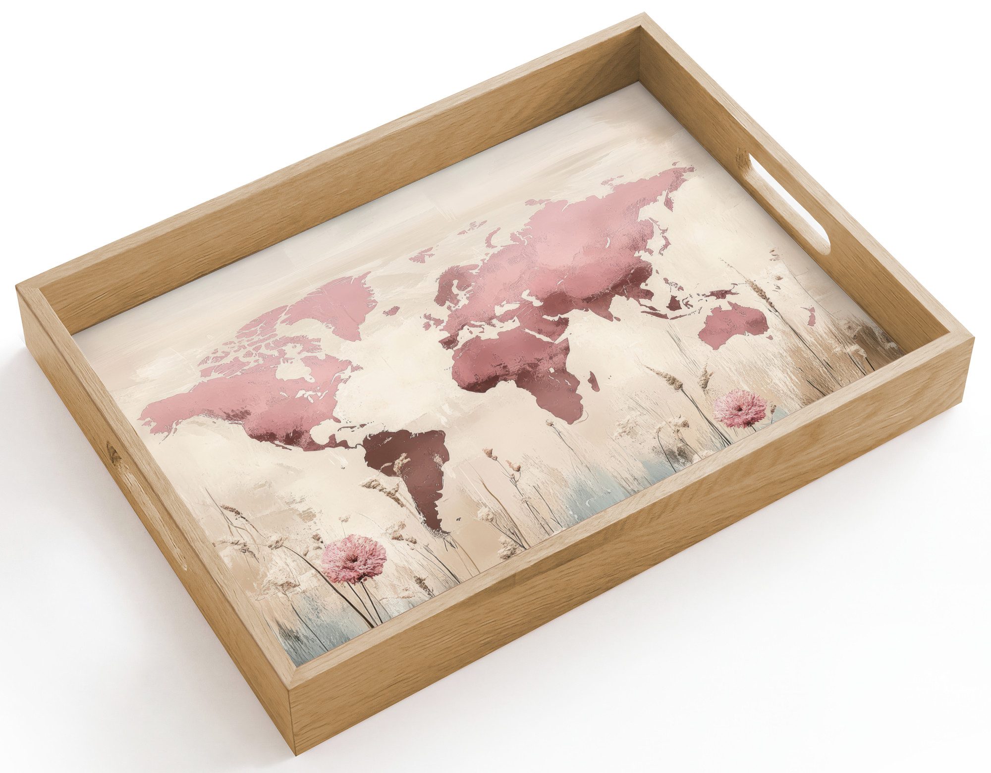 OnlyWow Tablett Rechteckig mit Henkel Weltkarte - Rosa - Blumen, Eichenholz, (1-tlg), Siervierplatte, Tray, Frühstücksbrett