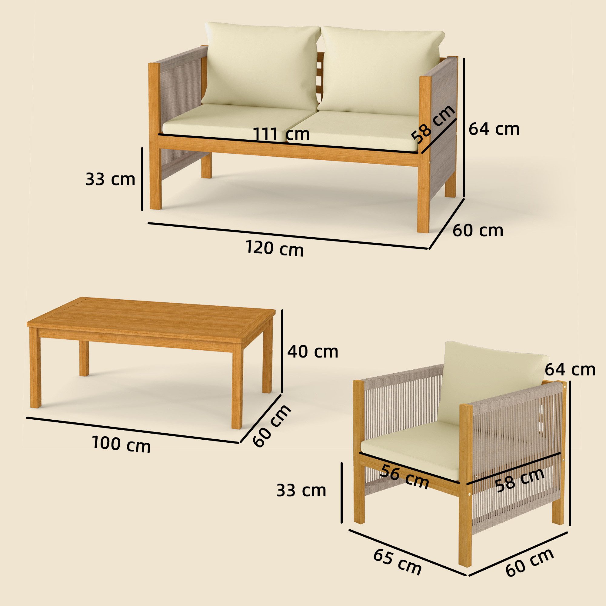 Outsunny Sitzgruppe mit 2er Sofa, 2 Sessel, Tisch, Seilflecht, Lamellendesign, Kissen, (Gartenlounge, 4-tlg., Gartenmöbel Set), für Garten Balkon Beige