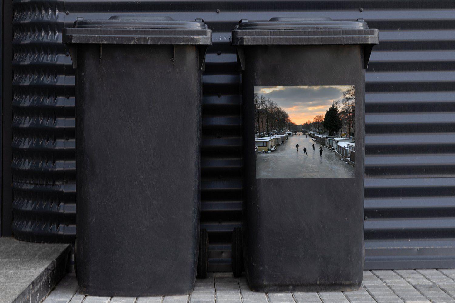 Mülleimer-aufkleber, Mülltonne, Sticker, Winter - - (1 Amsterdam Container, St), Schlittschuhlaufen Wandsticker Abfalbehälter MuchoWow