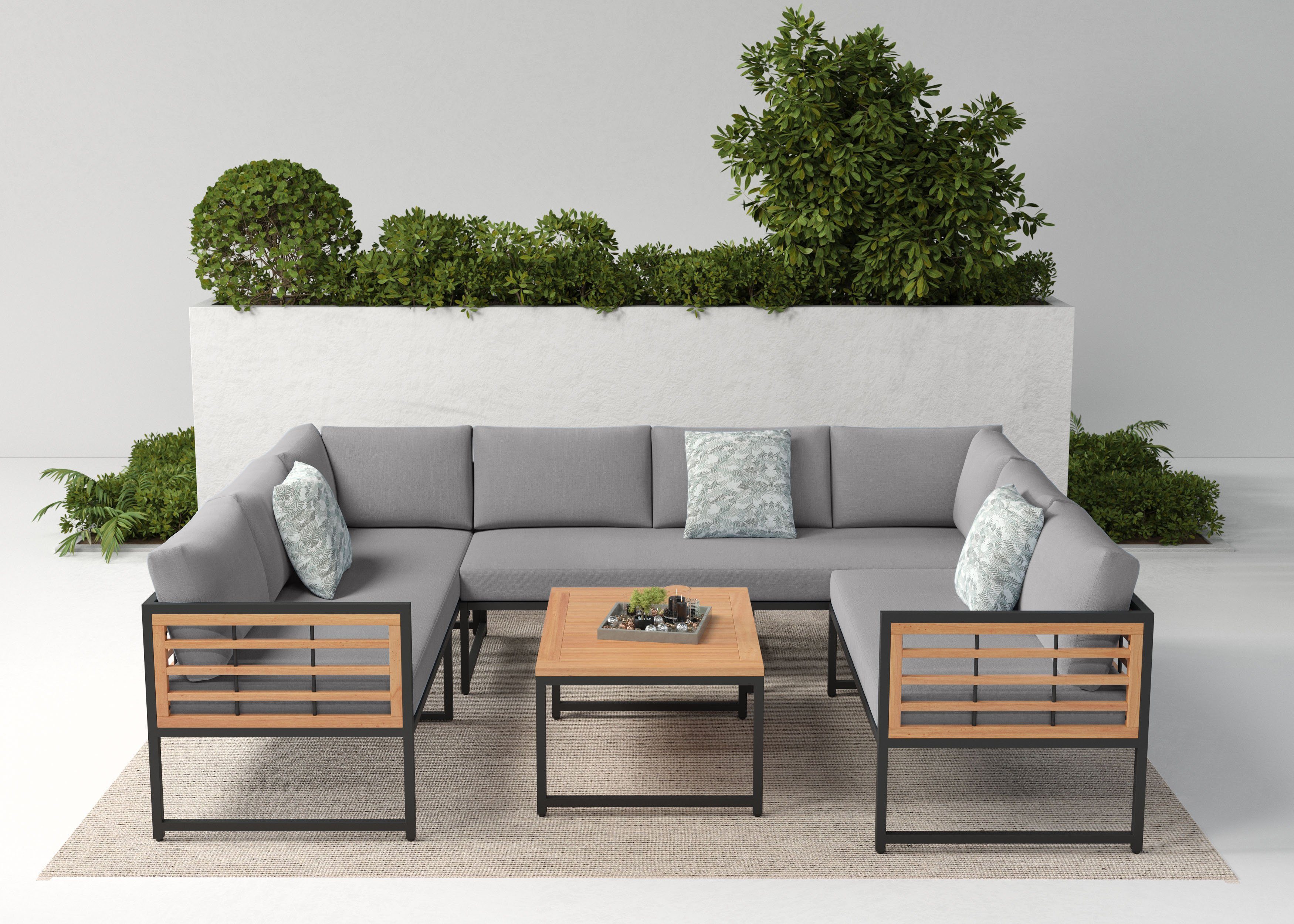 KONIFERA Gartenlounge-Set Delphi, (Set, 20-tlg., 2x3er Sofa, 1x 2er Sofa, 1x Tisch 80x60x42cm, inkl. Kissen, Stahl), Akazienholz, inkl. 3 Dekokissen, verschiedene Stellmöglichkeiten