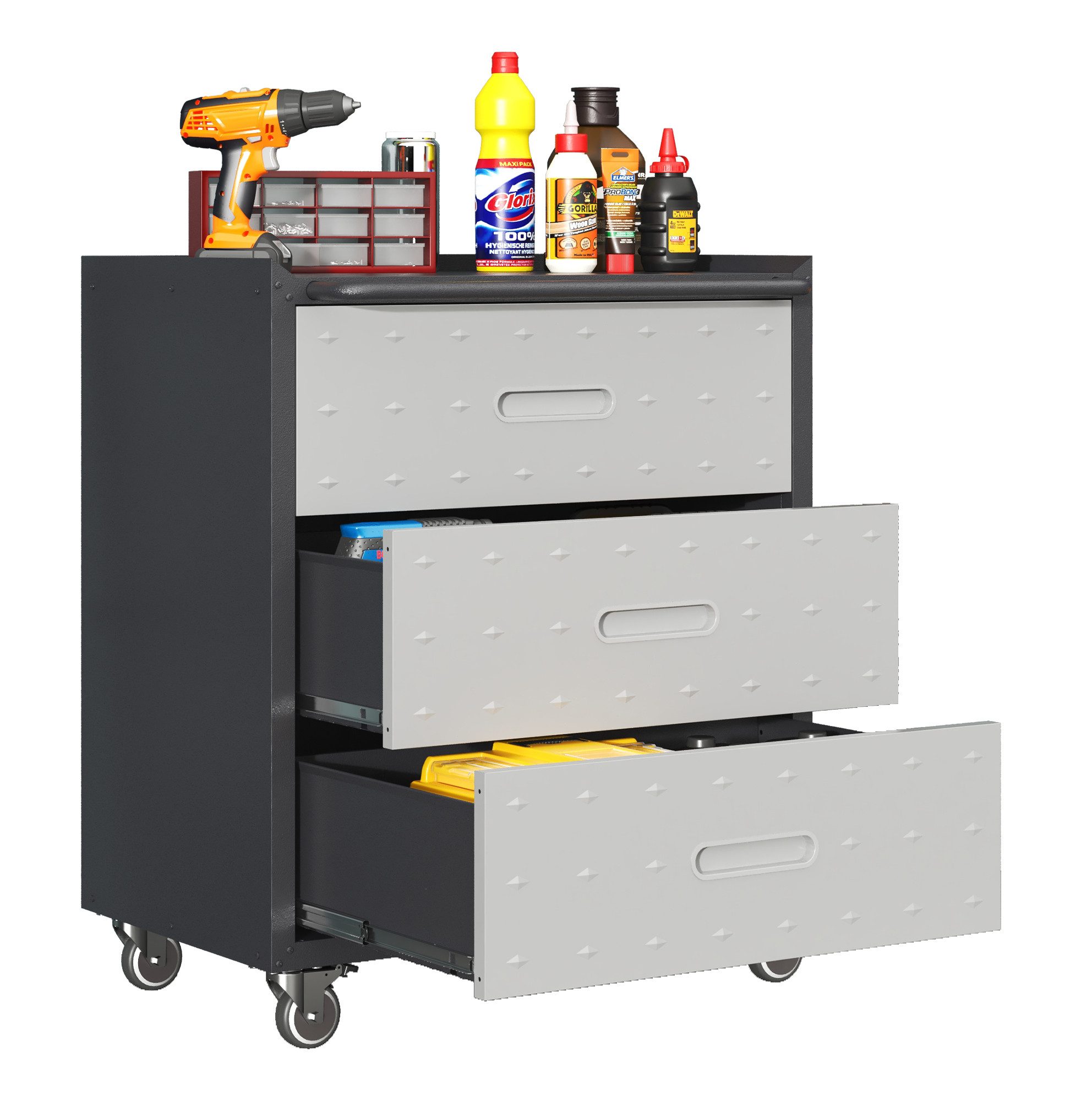 bizoemade Werkzeugwagen Heavy-Duty 3-Schubladen Tool-Cabinet Metall, mit Rollen, Grau-Schwrz, max. Traglast:90 kg, (1-tlg), Schwerer Metall-Werkzeugwagen 88x75x42cm