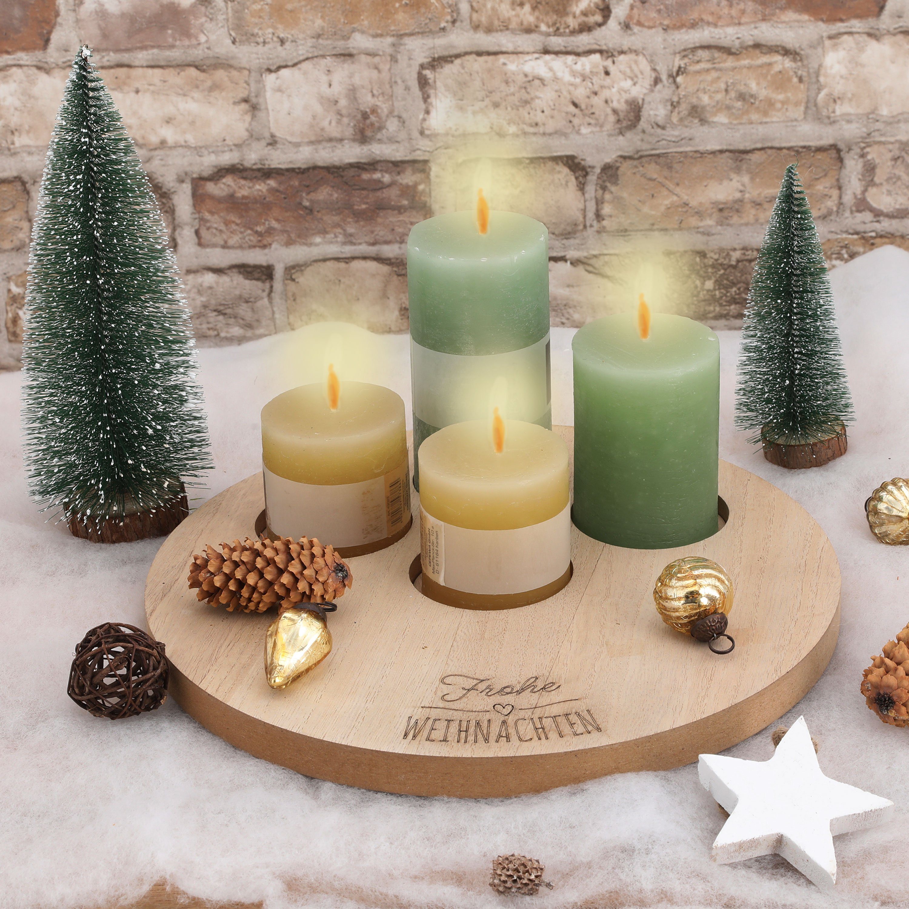 CEPEWA Kerzentablett Kerzentablett 'Frohe Holz für Weihnachten' 4 Kerzen Ø32x2cm Ø7cm