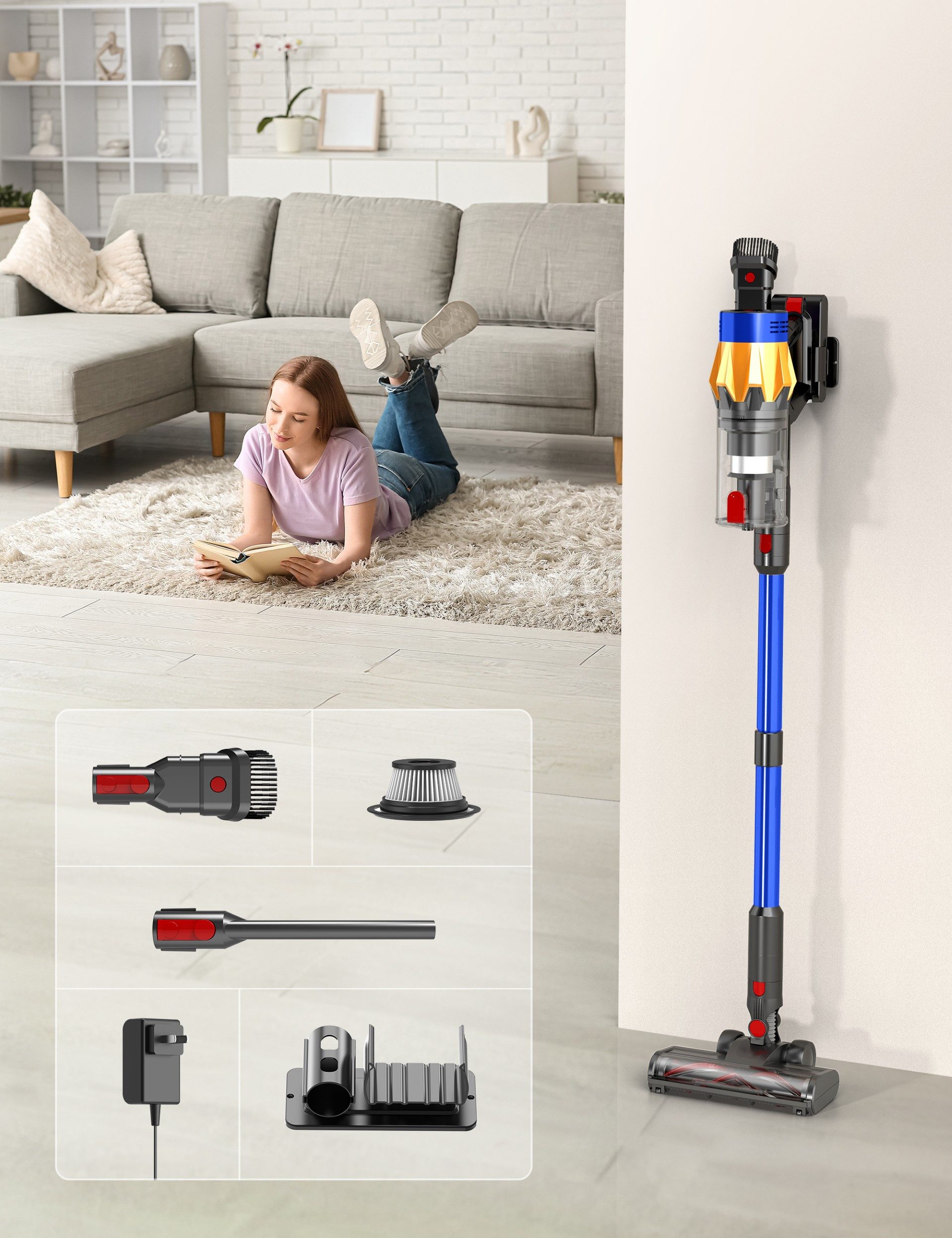 BERGER ELECTRONICS Akku-Stielstaubsauger Akku Staubsauger, Staubsauger Kabellos, 65000 Pa/600W, 70min Laufzeit, 600 W, beutellos, Bodenstaubsauger, Hochwertige Verarbeitung