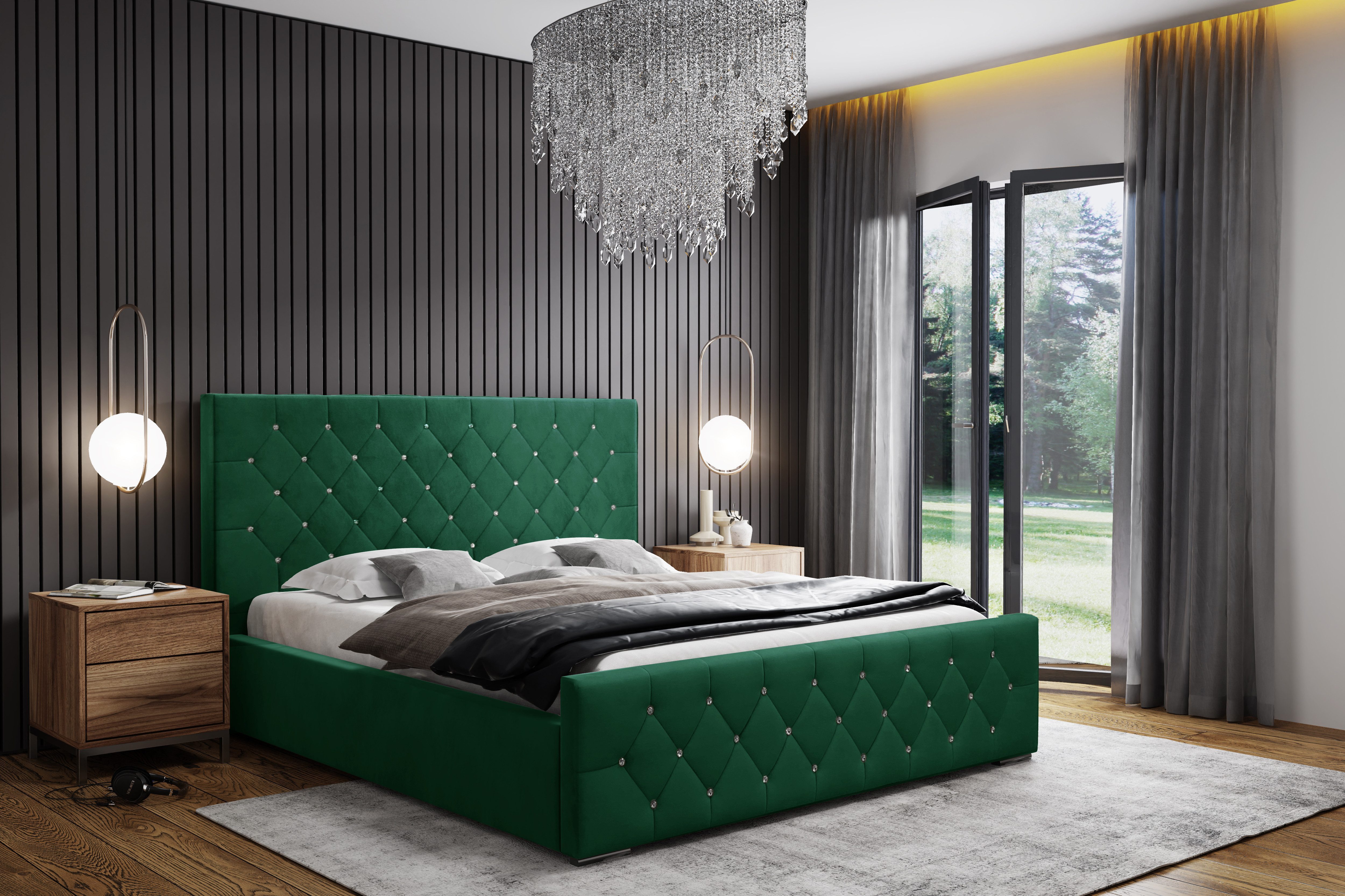 Goldstoff Polsterbett mit Kristallen, Stauraumbett (Doppelbett- verfügbar 140x200 160x200 180x200 200x200cm, Bett mit großen gepolstertem Kopfteil, mit Bettkasten zum aufklappen, Polsterbett), mit gepolstertem Kopfteil