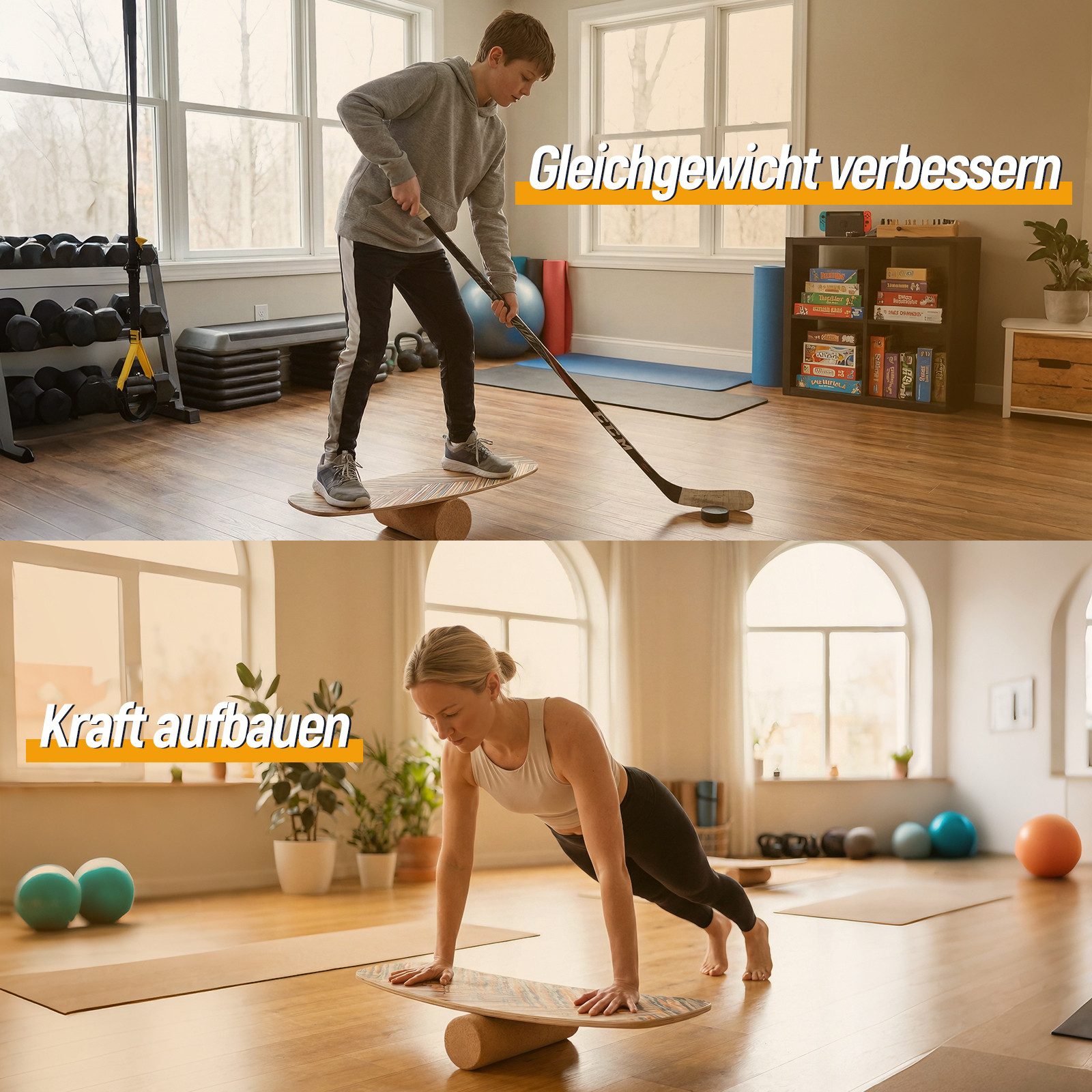 COSTWAY Balanceboard, Holz-Balance-Board-Trainer mit stabilisiertem Kork-Roller