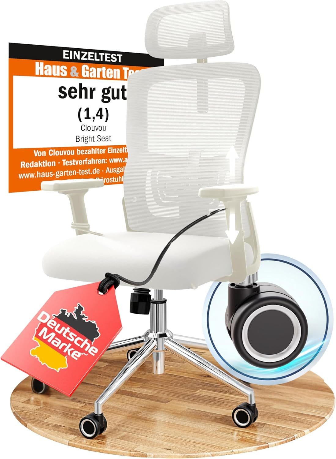 CLOUVOU Bürostuhl ergonomisch, Schreibtischstuhl bis 150 kg - Testsieger (BrightSeat - Chefsessel für Arbeitszimmer, 2D Armlehne), Blade Wheels, Homeoffice, Gaming Stuhl, Drehstuhl