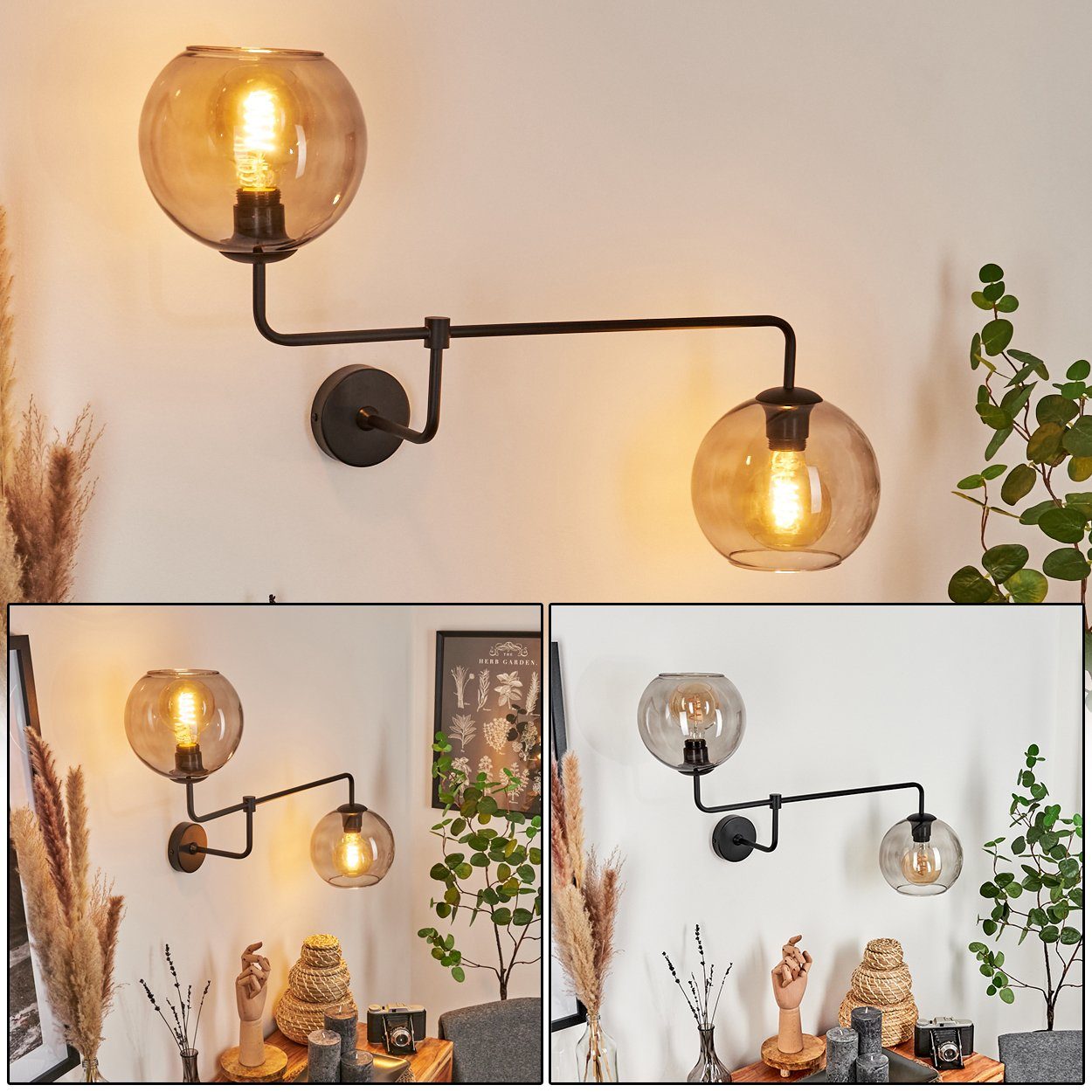 hofstein Wandleuchte »Moerna« Wandlampe aus Metall/Glas in Schwarz/Rauchglas, ohne Leuchtmittel, 2xE27, Moderne Leselampe