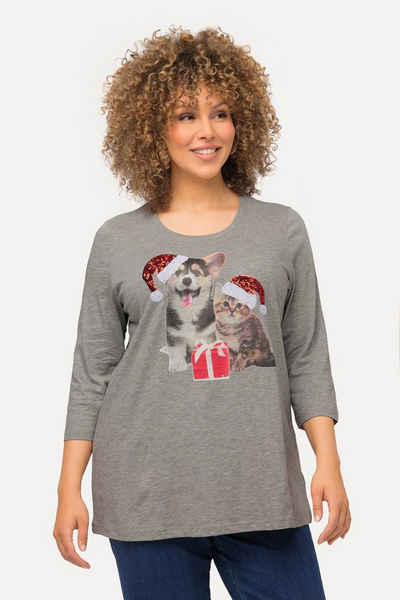 Ulla Popken Rundhalsshirt Weihnachts-Shirt A-Linie Pailletten Rundhals