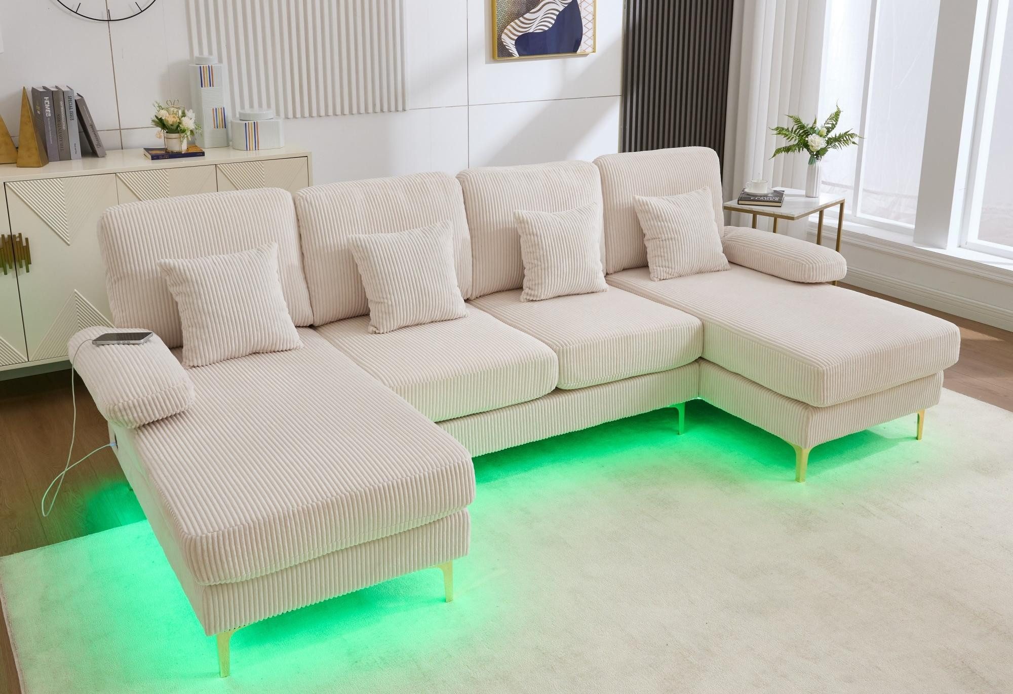 LVHOM Loungesofa Modulares U-Form-Sofa mit LED-Ambientebeleuchtung & USB/Type C-Port, 2 Relaxliegen/Ottomane + 1 Zweisitzer kombinierbar Inkl. 4 abnehmbaren Kissen, Massivholzrahmen (langlebig/stabil), Premium-Schaumstofffüllung (ergonomisch), Ideal für Familienabende & gesellige Runden