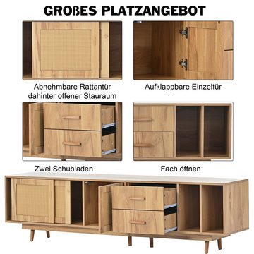 EXTSUD TV-Schrank Rattan-TV-Ständer für 80-Zoll-Fernseher, Lowboards, TV-Schrank TV-Konsolentisch im Landhausstil, Medienkonsole (Eiche natur)