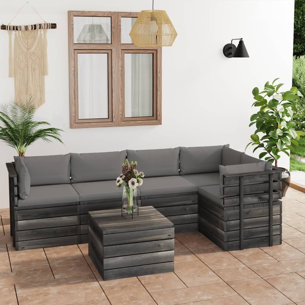 vidaXL Gartenlounge-Set 6-tlg. Garten-Sofagarnitur aus Paletten mit Kissen Kiefernholz, (6-tlg) Grau