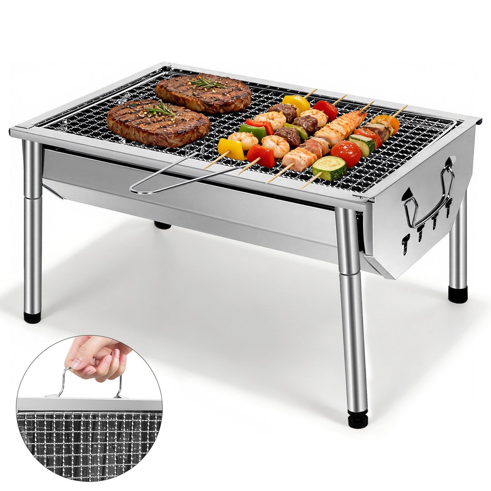 SunJas Holzkohlegrill Edelstahl Tragbarer Klappbarer Campinggrill, Mini BBQ Tischgrill für Picknick & Outdoor, Grillfläche 40 x 27 cm für 1‑3 Personen, für Garten und Unterwegs