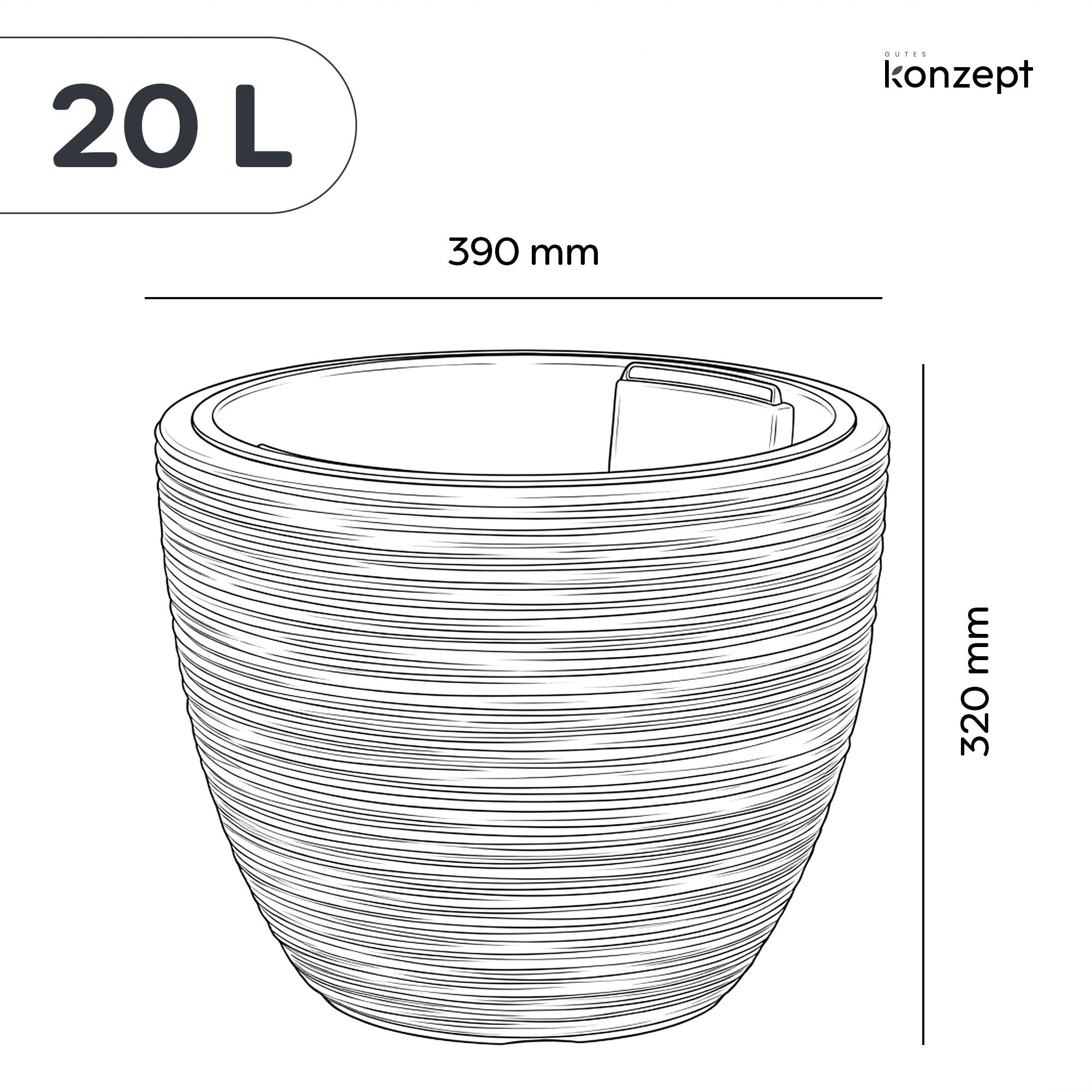 KONZEPT Blumentopf 39 cm Durchmesser aus Kunststoff mit Einsatz, Meißelstruktur, Meißelstruktur/Rippenstruktur, Ovale form
