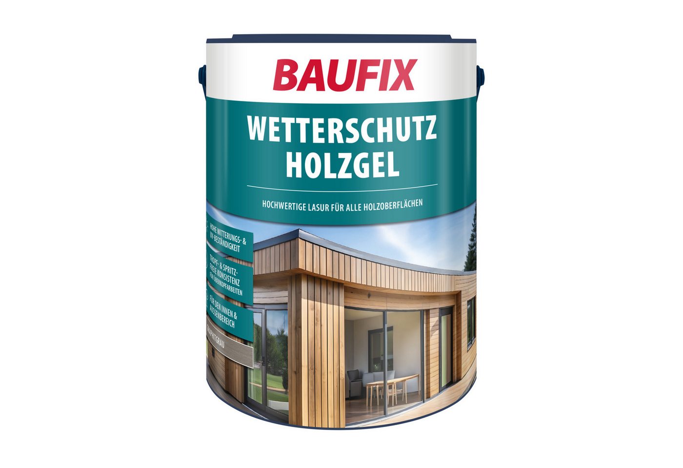 Baufix Holzschutzlasur Wetterschutz-Holzgel seidenglänzend, 5 Liter für ca. 50 m², für Zäune, Pergolen, Holztore, Ställe, Scheunen & Verschalungen