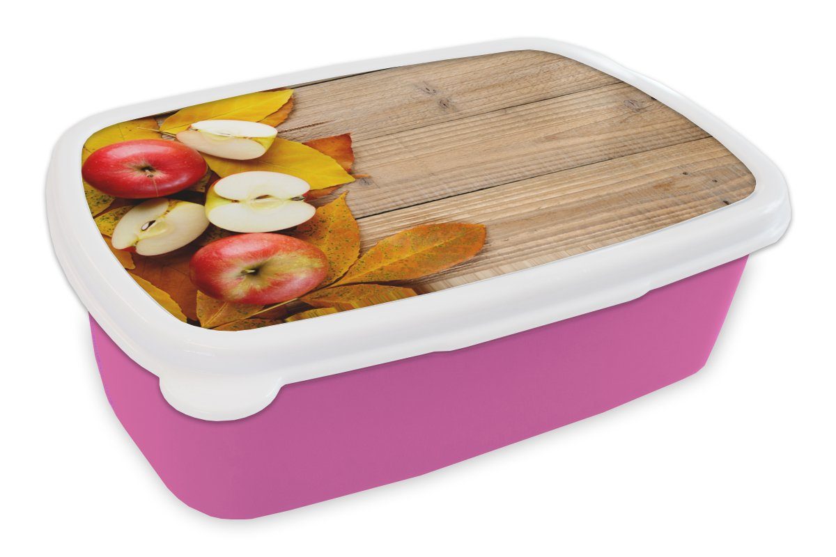 Brotdose - - Kunststoff für Mädchen, Apfel Brotbox (2-tlg), Blätter Erwachsene, rosa Kunststoff, Obst, MuchoWow Herbst Kinder, Lunchbox - Snackbox,