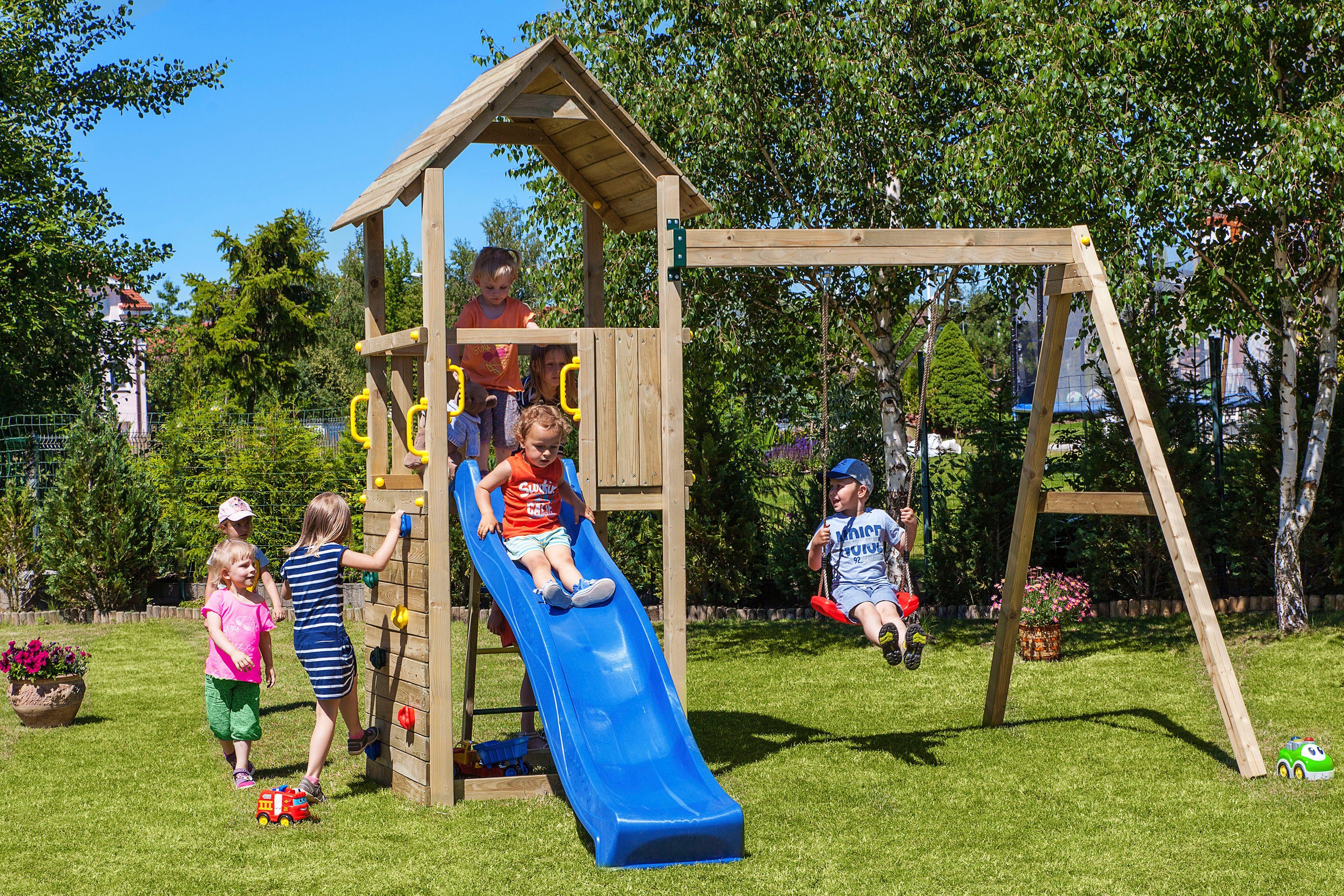 FUNGOO Spielturm CAROL 2, mit Schaukel & Rutsche, Kletterwand