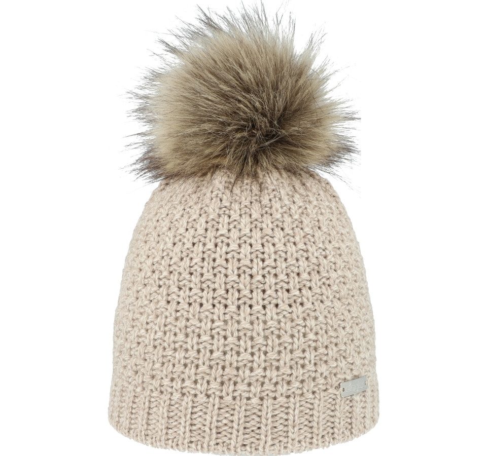 Eisglut Strickmütze Lilottal edle Strickmütze mit Innenband und Kunstfellbommel beige