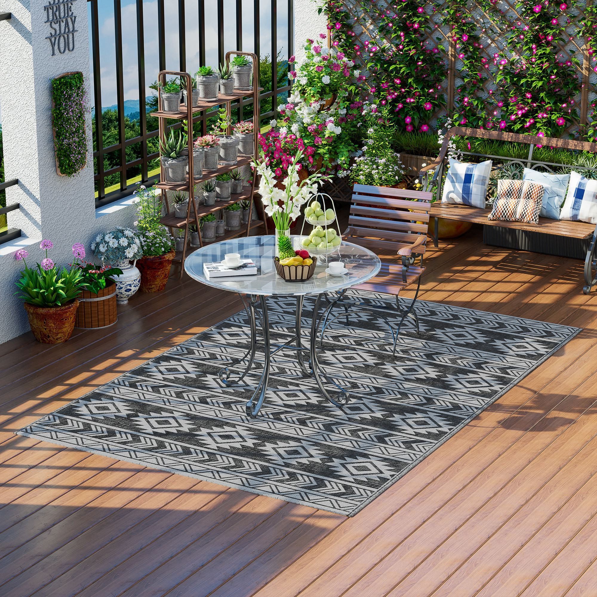 Outsunny Outdoorteppich wasserdichter Kunststoffteppich, für Terrasse, Balkon, Camping, Rechteck, Höhe: 0.3 mm, Schwarz+Grau, 182 x 274 cm