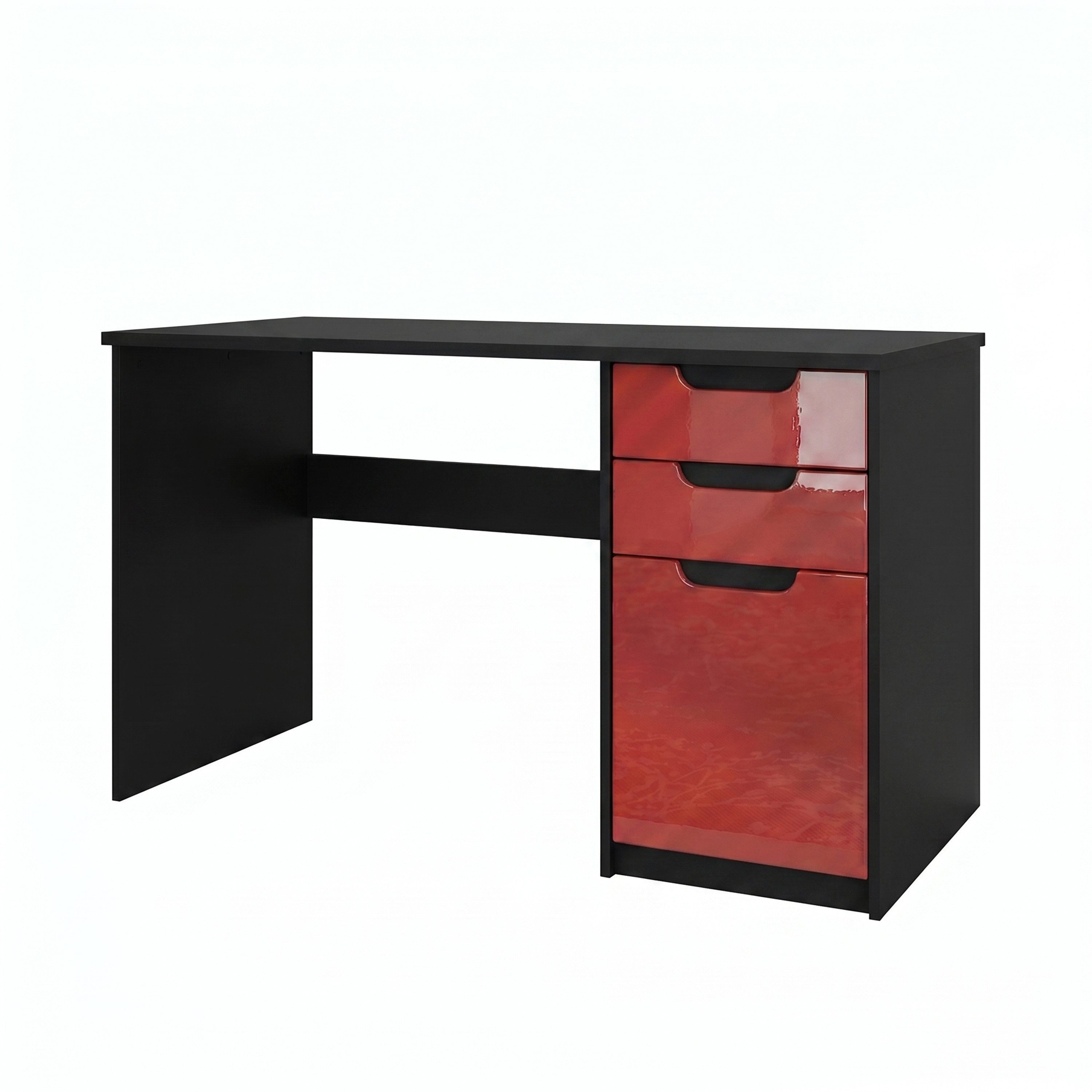 Vladon Schreibtisch Logan (Bürotisch, mit 2 Schubladen und 1 Tür), Schwarz matt/Bordeaux Hochglanz (129 x 76 x 60 cm)