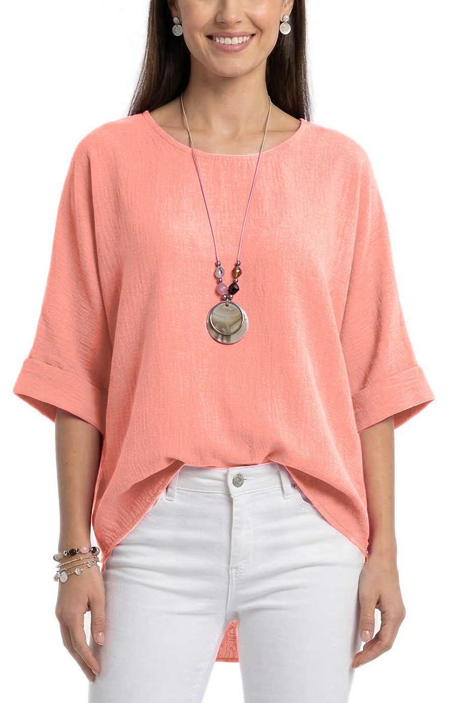 dy_mode Kurzarmbluse Damen Bluse Oversize Tunika Leichte Viskosebluse Oberteil Einfarbig in Unifarbe, High-Low Saum, mit passende Kette