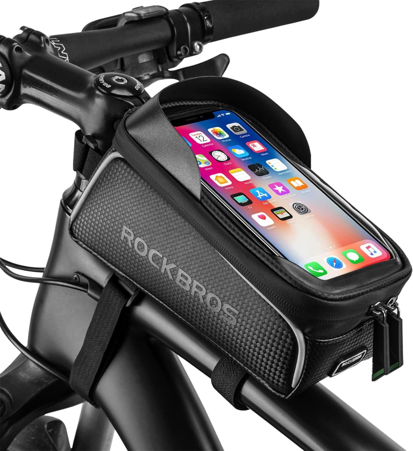 ROCKBROS Fahrradtasche Handytasche, Oberrohrtasche mit Touchscreen (für Handy bis zu 6,5), 1.5L, reflektierend Logo, wasserdicht