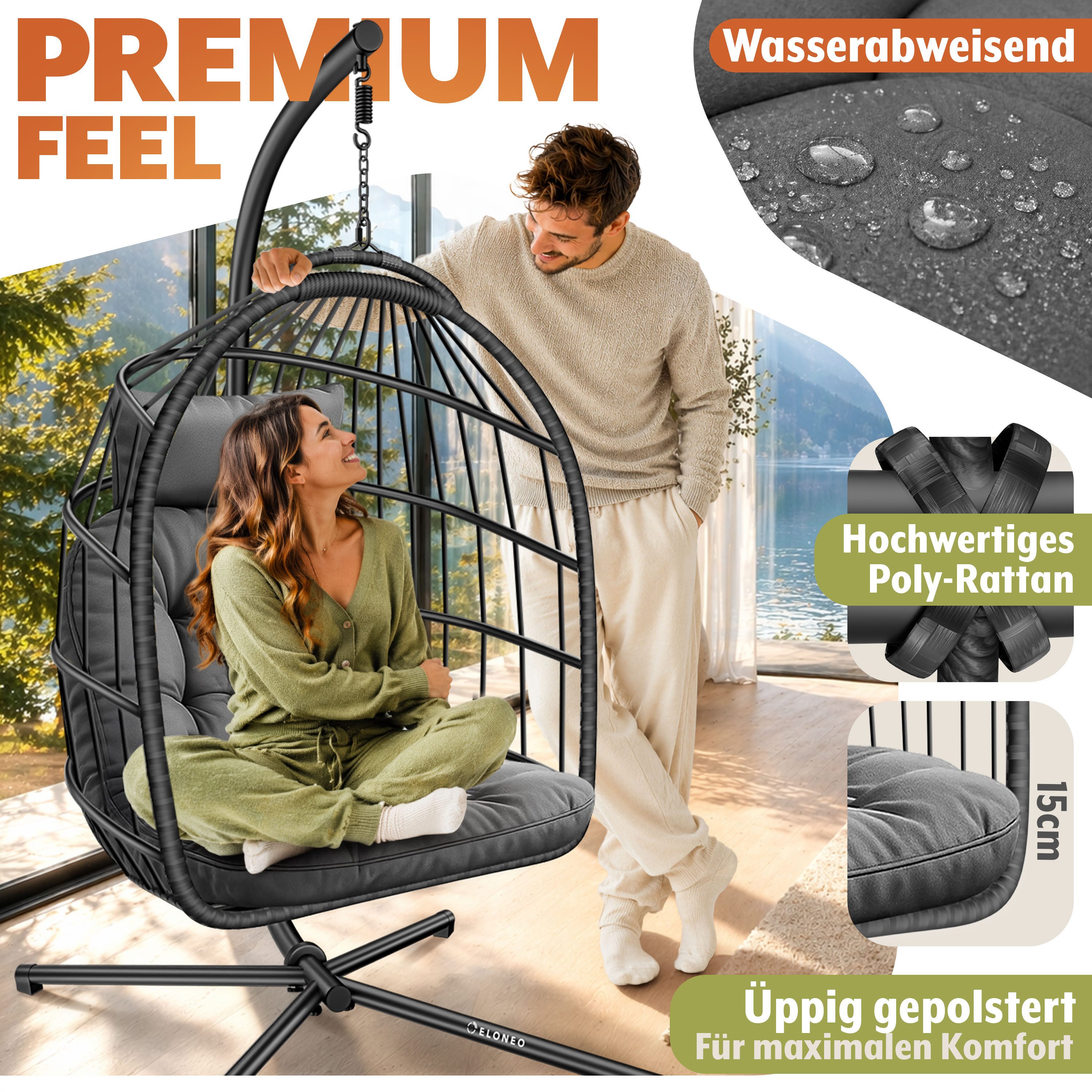 ELONEO Hängesessel, Hängeschaukel mit Gestell - Hängesitz mit Sitz- und Kopfkissen (bestehend aus Schwebesessel und Gestell), faltbar, wetterbeständig, bodenschonend, belastbar bis 160kg